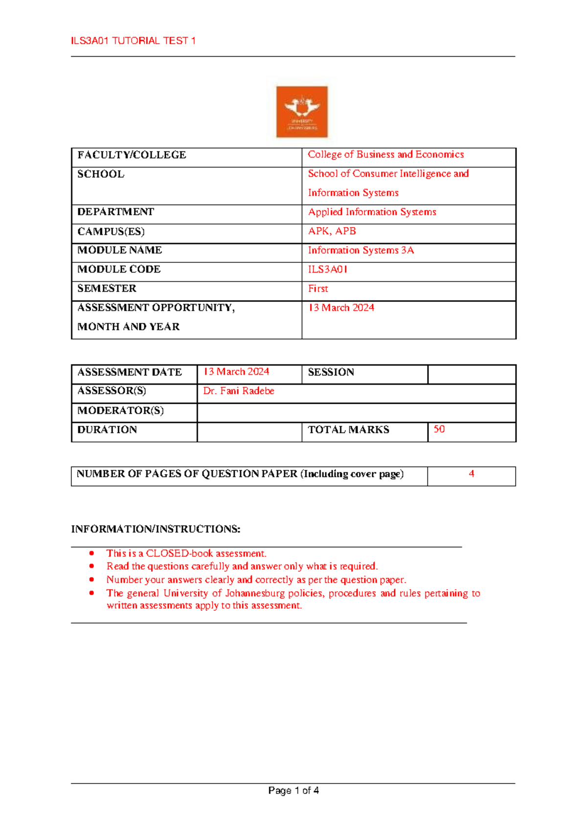 ILS3A01- Information Systems 3A- TEST 1 - FACULTY/COLLEGE College of ...