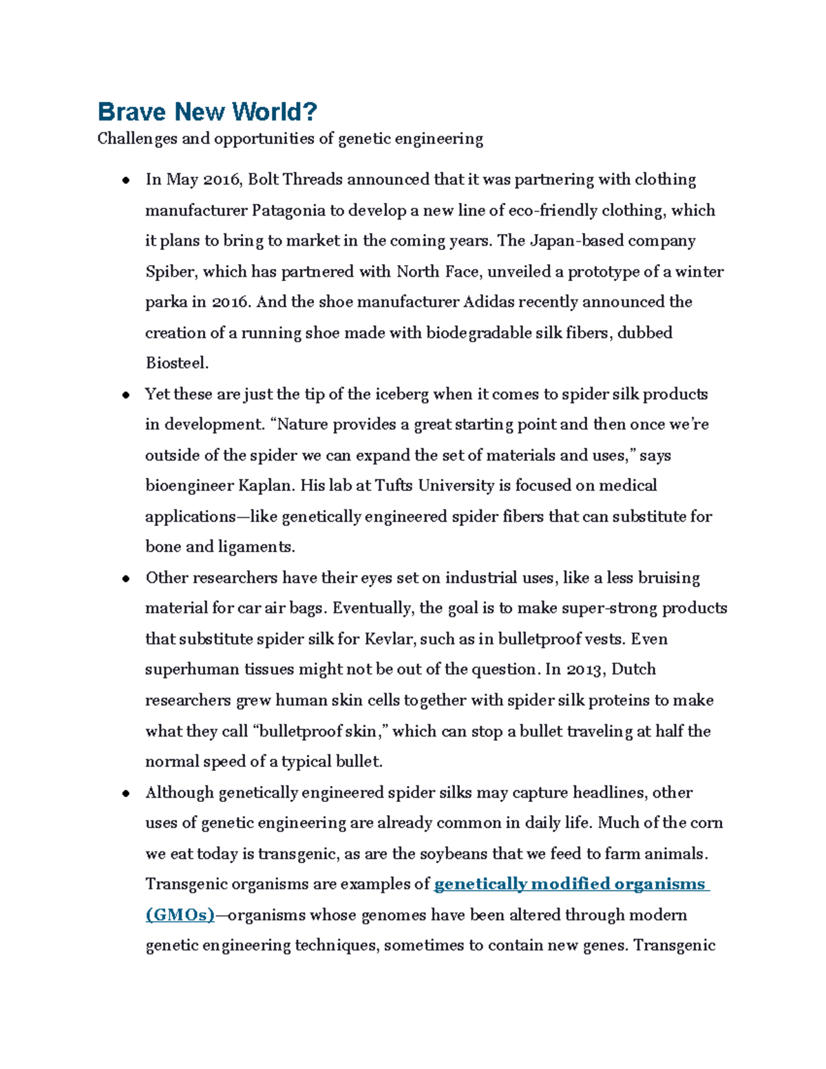 Bio ch. 8.5- Brave New World - Brave New World? Challenges and ...