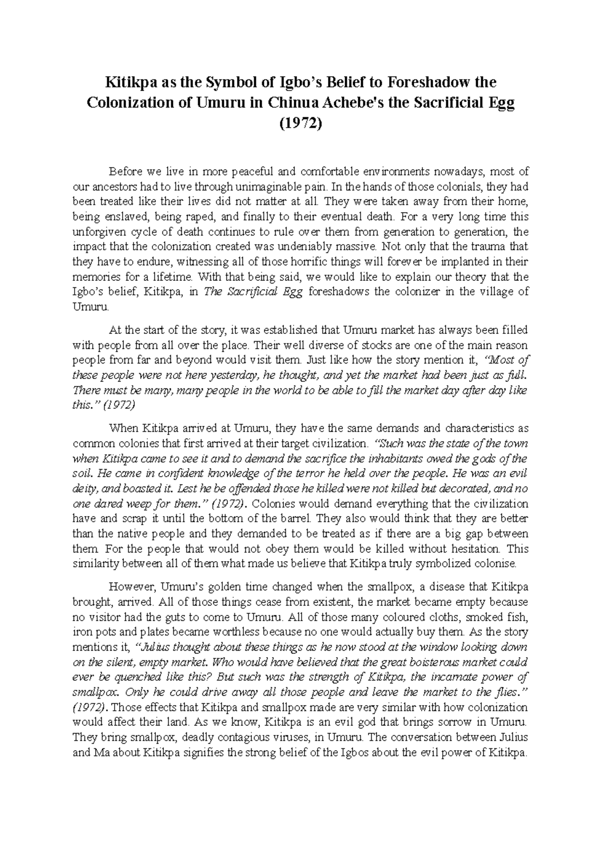 Chinua Achebe's The Sacrificial Egg Analysis Kitikpa as the Symbol