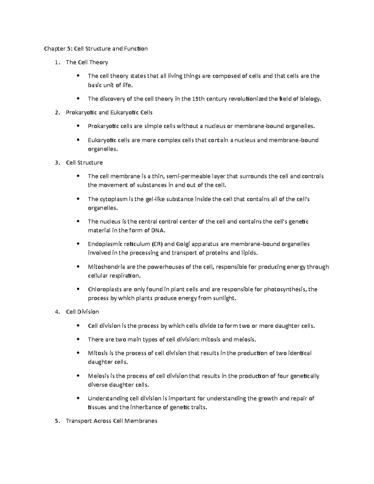 Chapter 5 Bio 11900 - Chapter 5: Cell Structure and Function The Cell ...