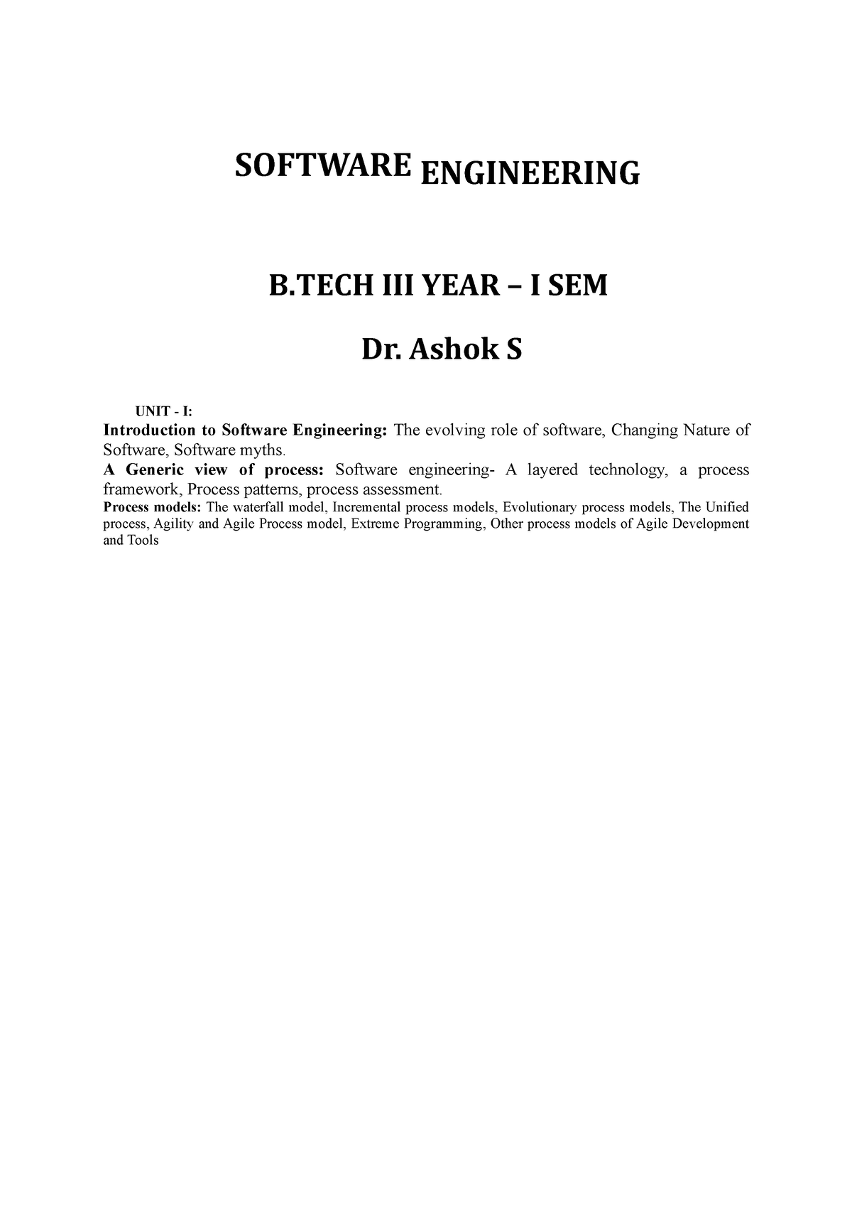 SE UNIT I Student Notes - Se Unit 1 - SOFTWARE ENGINEERING B III YEAR ...