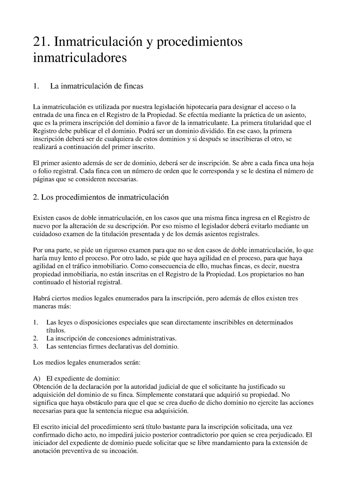 Tema 21 La Inmatriculacion Y Procedimientos Inmatriculadores Studocu