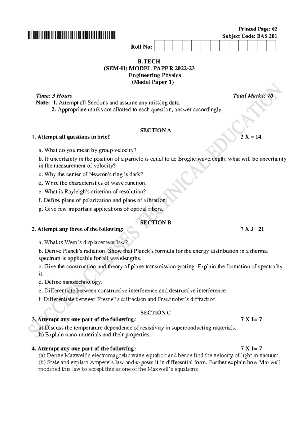 Model Paper 1 BAS 201 - Summary Physics - Roll No: Printed Page: 02 ...