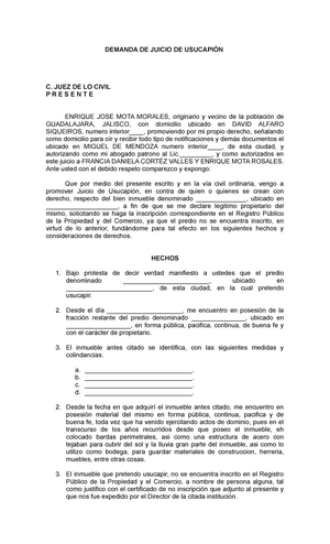 Usucapion Juicio - DEMANDA DE JUICIO DE USUCAPIÓN C. JUEZ DE LO CIVIL  PRESENTE ENRIQUE JOSE MOTA - Studocu