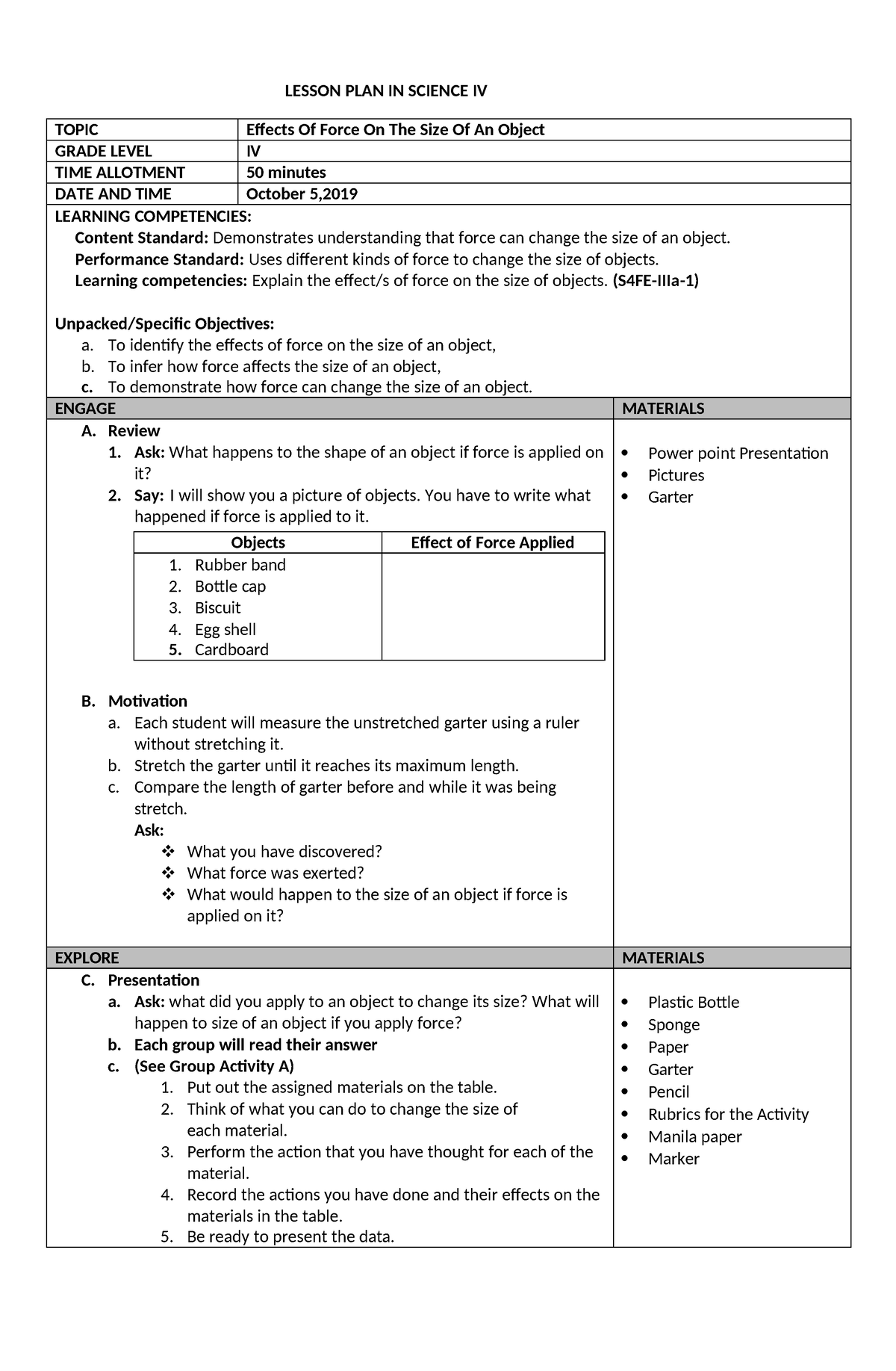 Science IV LP - LESSON PLAN IN SCIENCE IV TOPIC Effects Of Force On The ...