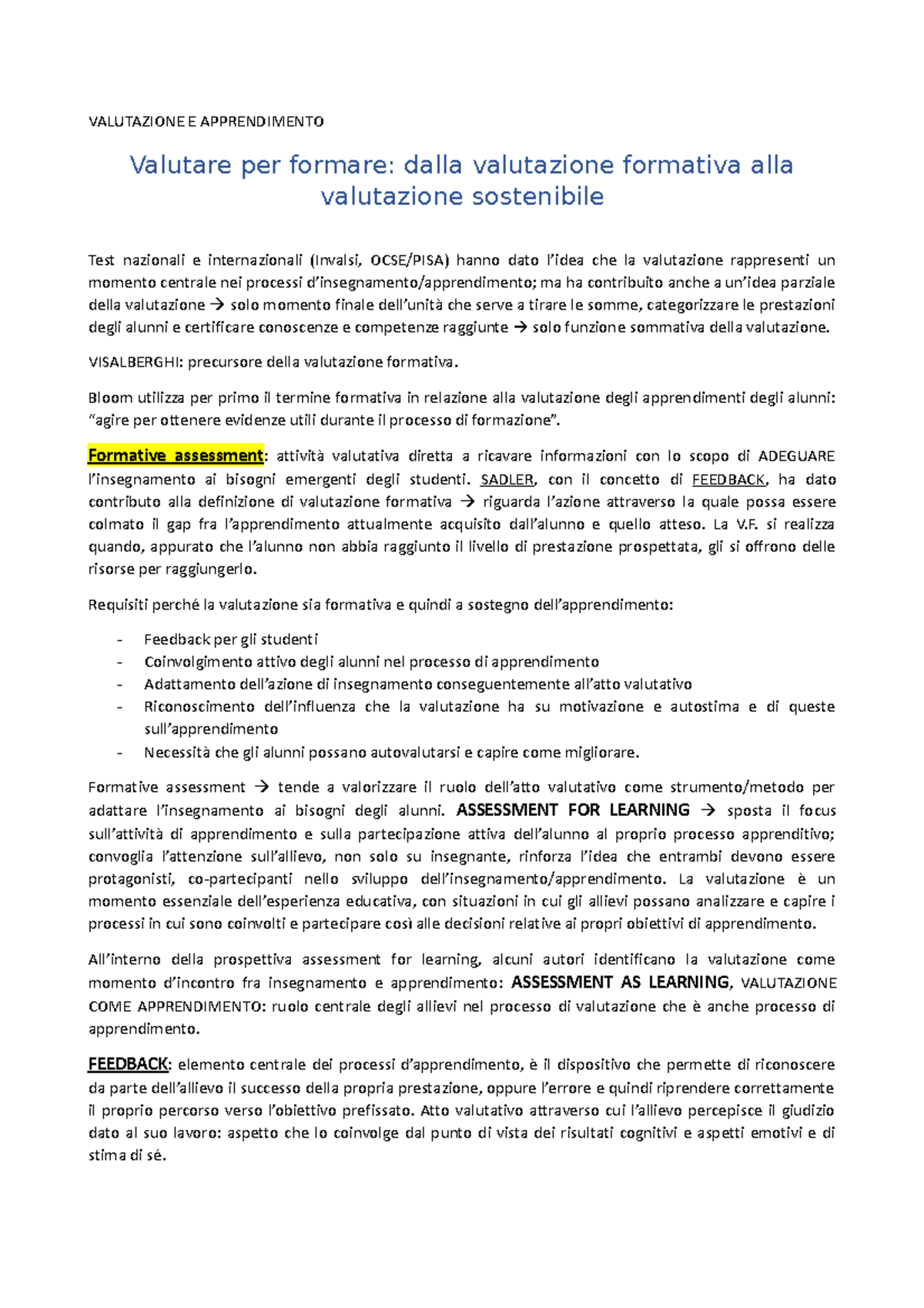 Valutazione E Apprendimento VALUTAZIONE E APPRENDIMENTO Valutare per