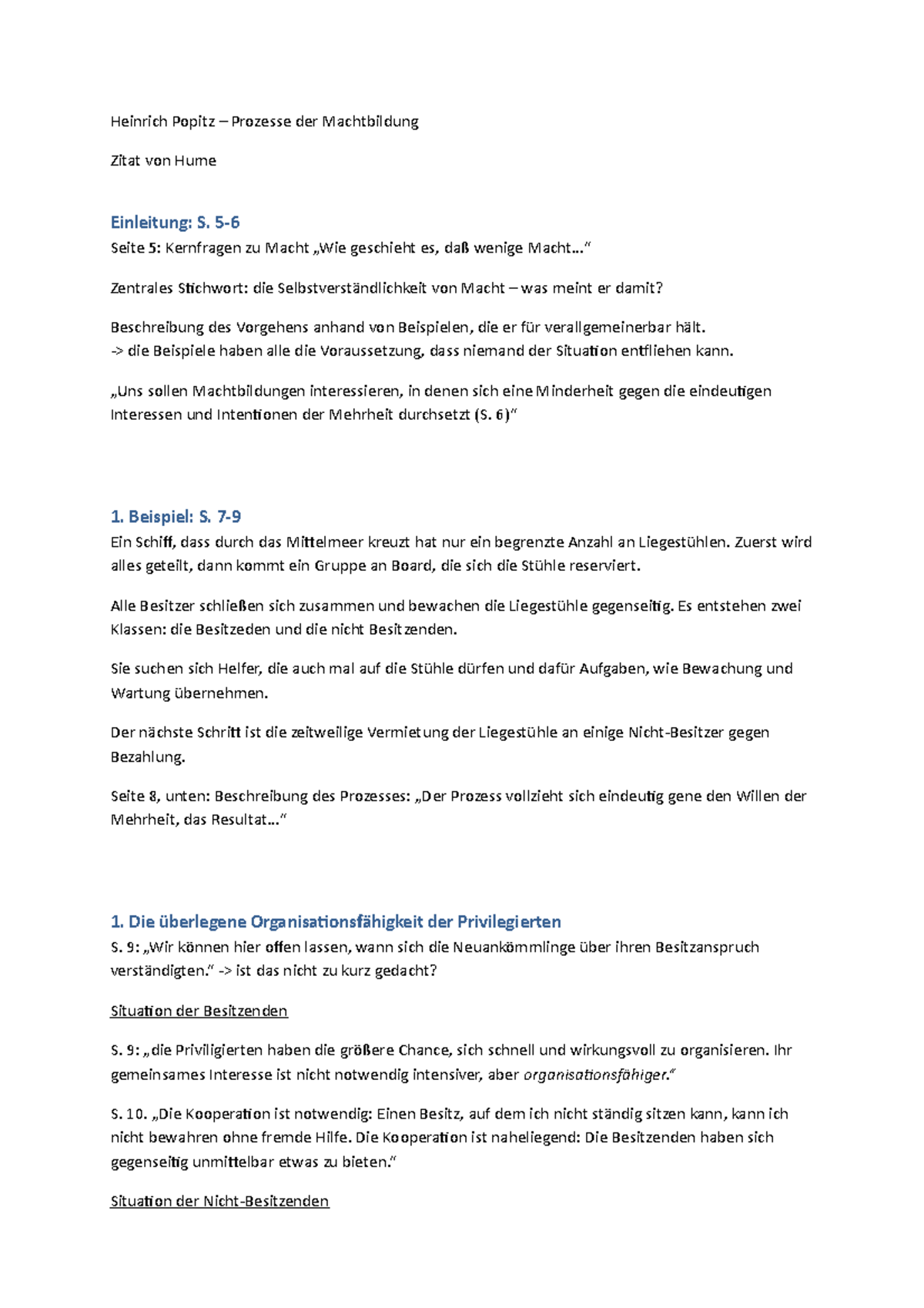 Text Popitz - Zusammenfassung des zu lesenden Textes - Heinrich Popitz ...
