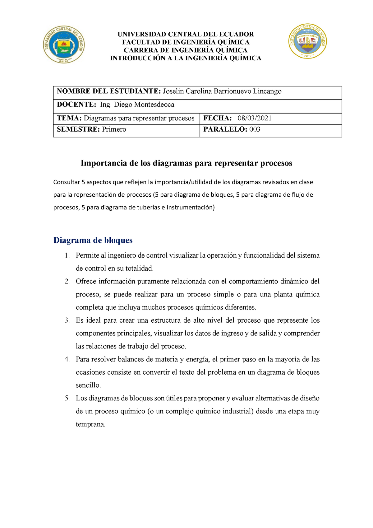 Diagramas de Procesos Ingeniería Química - FACULTAD DE INGENIERÍA QUÍMICA  CARRERA DE INGENIERÍA - Studocu