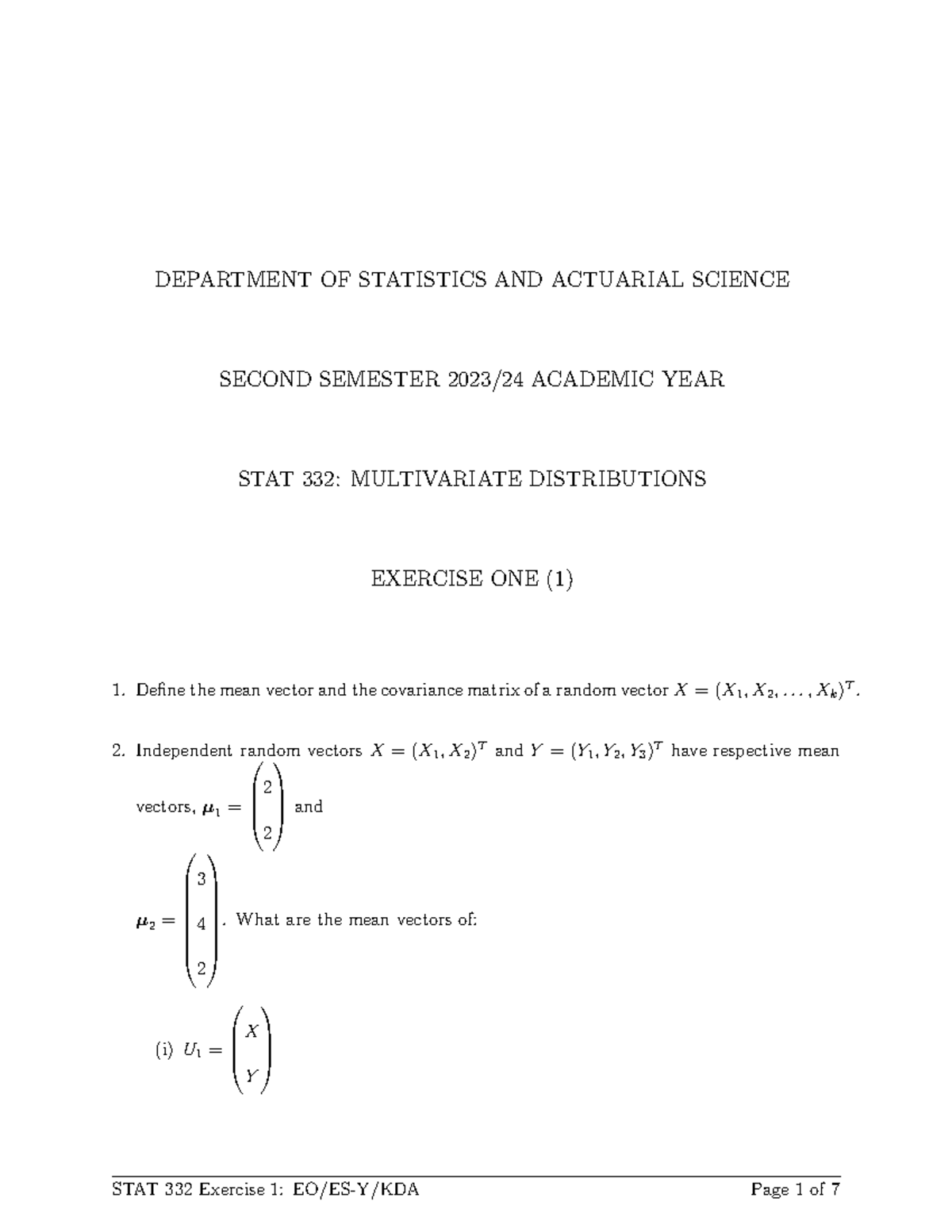STAT 332 Exercise 1 - DEPARTMENT OF STATISTICS AND ACTUARIAL SCIENCE ...