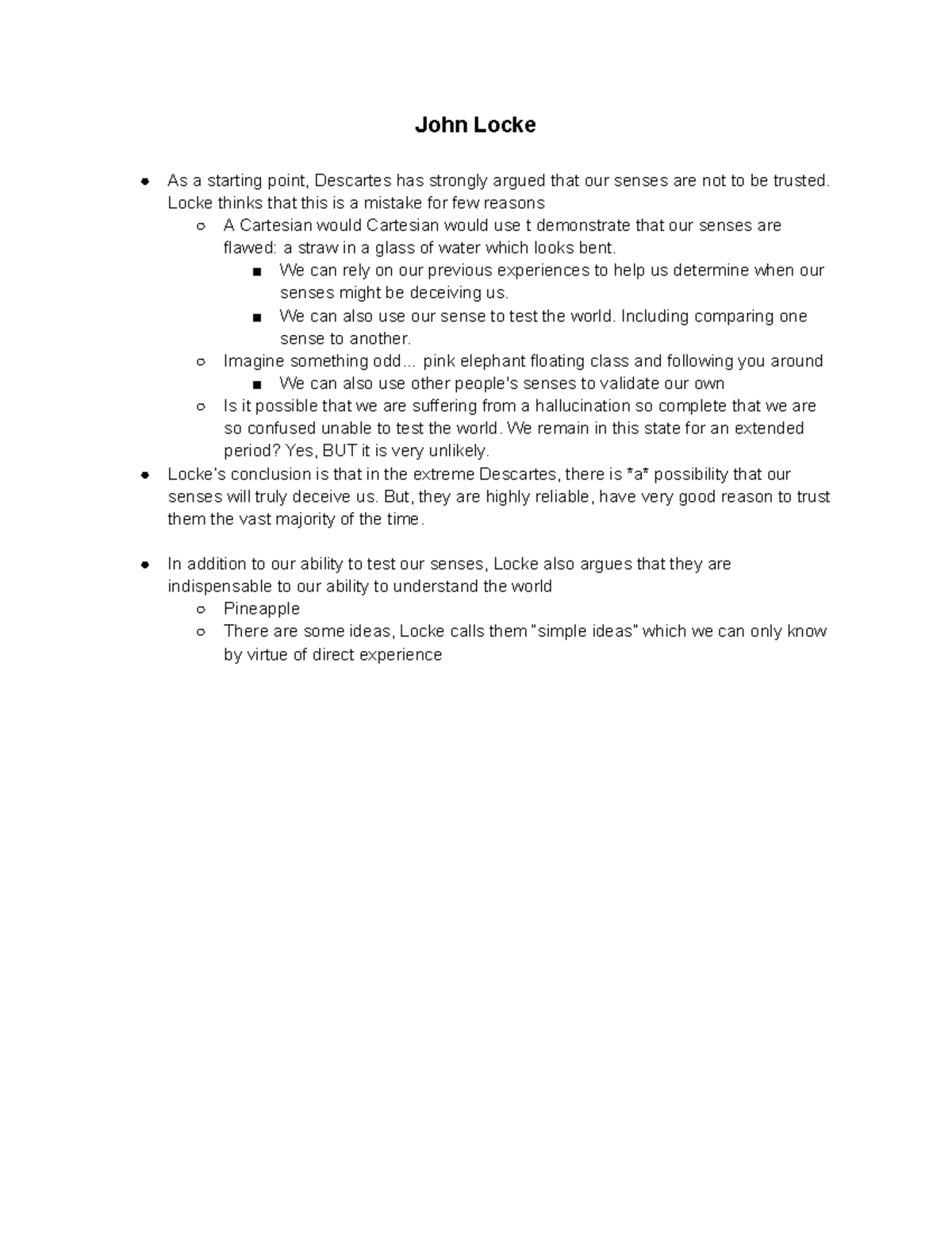 John Locke Lecture notes - John Locke As a starting point, Descartes ...