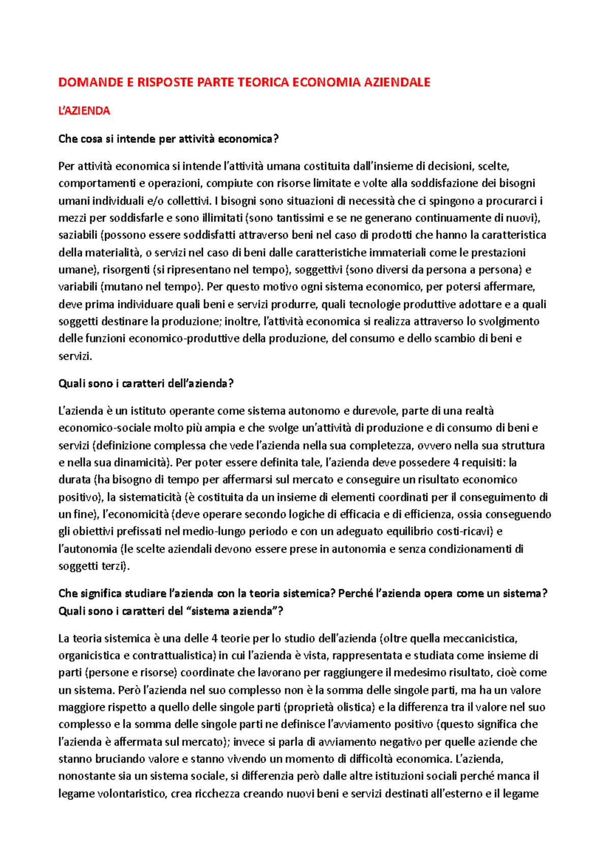 Domande e risposte parte teorica Economia Aziendale (prof. Attilio ...