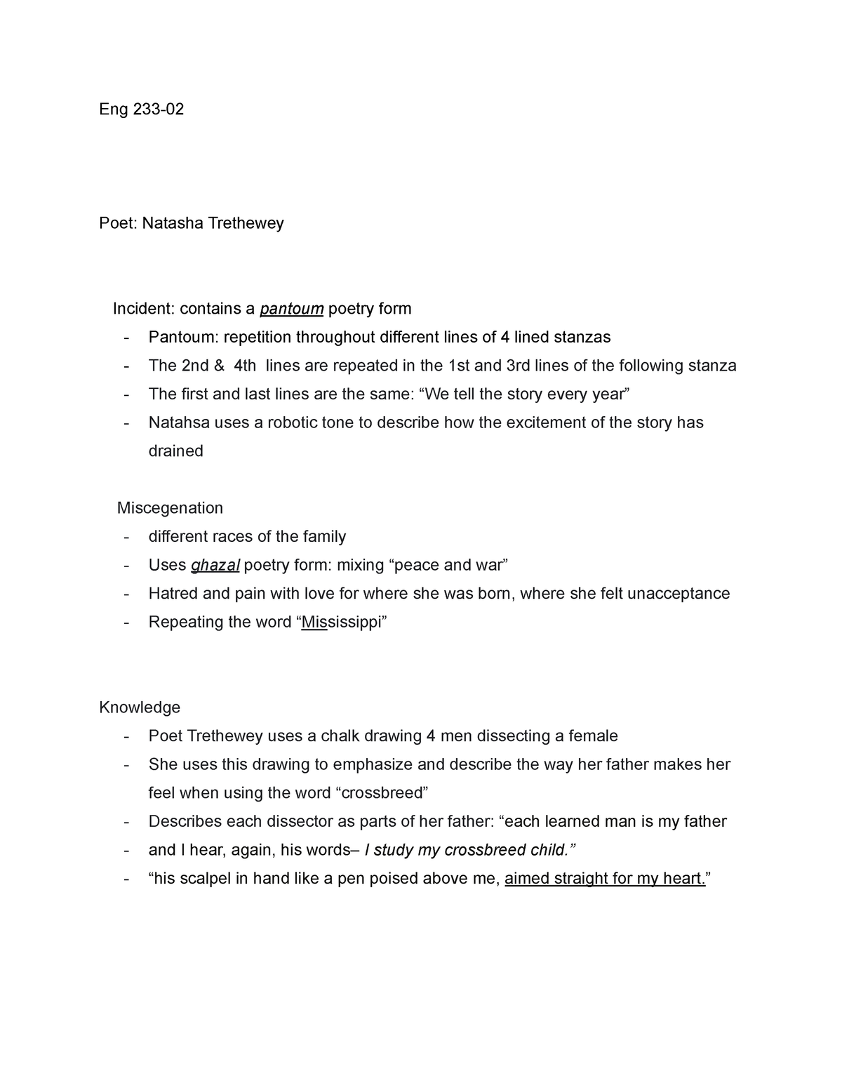 Eng 233 Lecture Notes - Eng 233- Poet: Natasha Trethewey Incident ...
