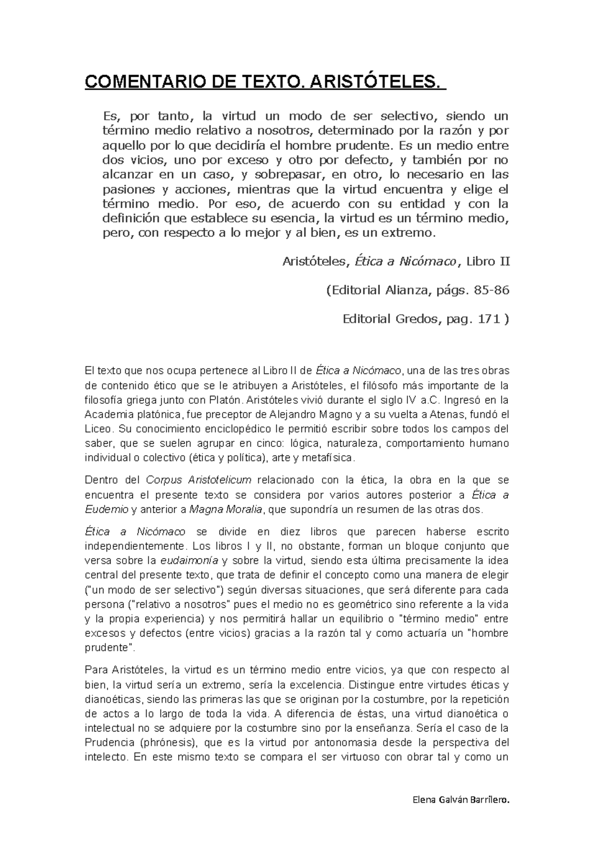 Comentario De Texto De Aristoteles Elena Galvan Etica I 70011028 Studocu