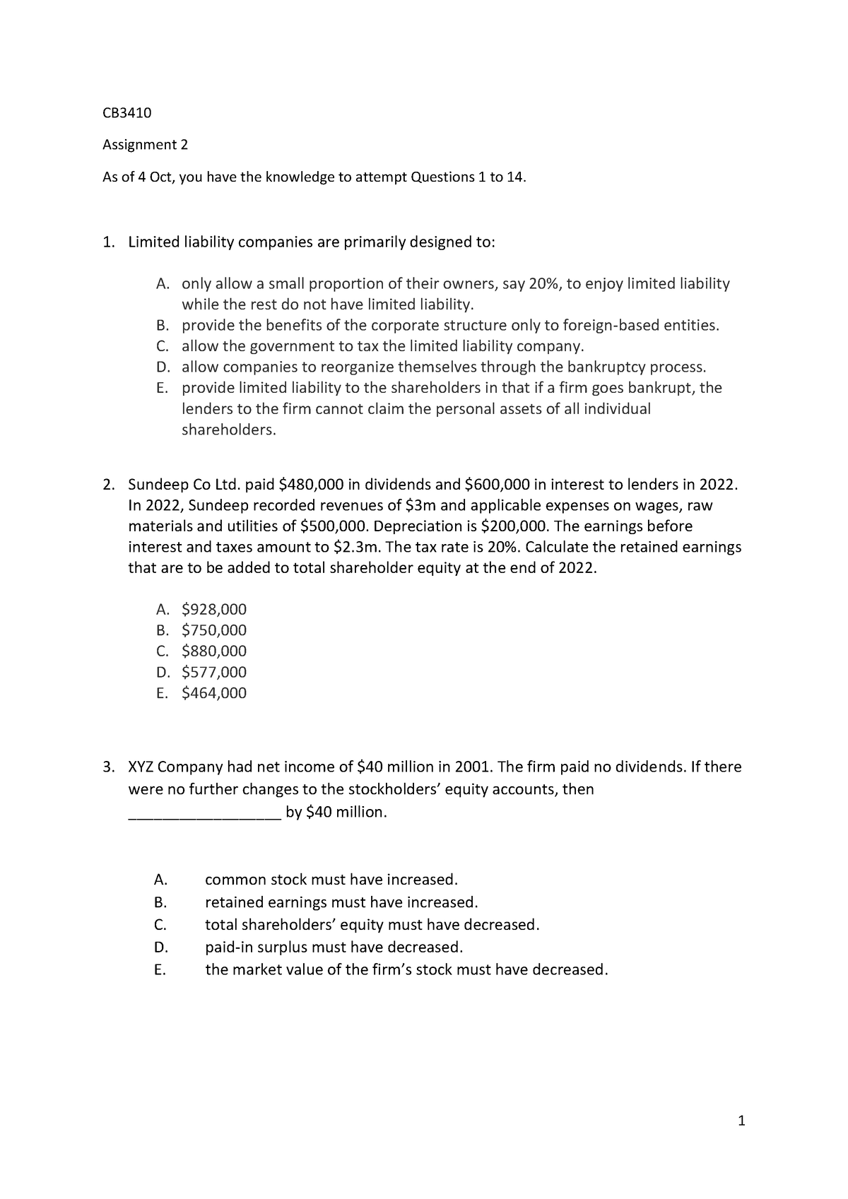 CB3410 Asisgnment 2 Q only Oct 2023 - CB Assignment 2 As of 4 Oct, you ...