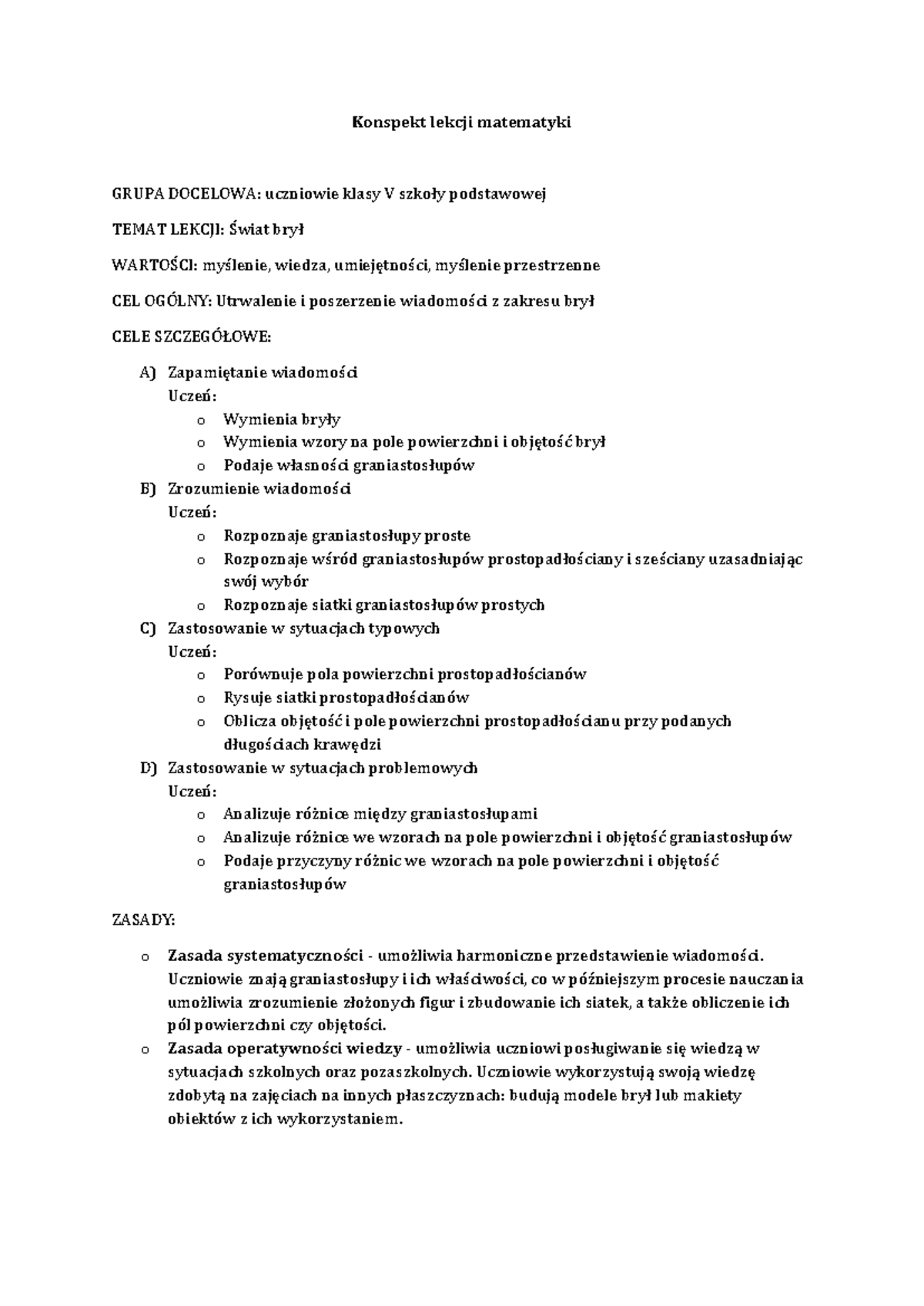 Dydaktyka ogólna konspekt zajęć - Konspekt lekcji matematyki GRUPA