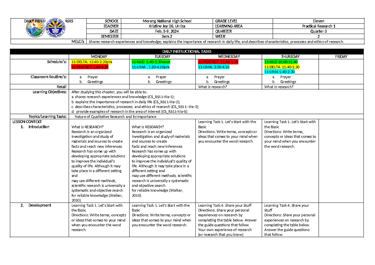 F2F Instructional Tasks PR1 - DAILY INSTRUCTIONAL TASKS MONDAY TUESDAY ...