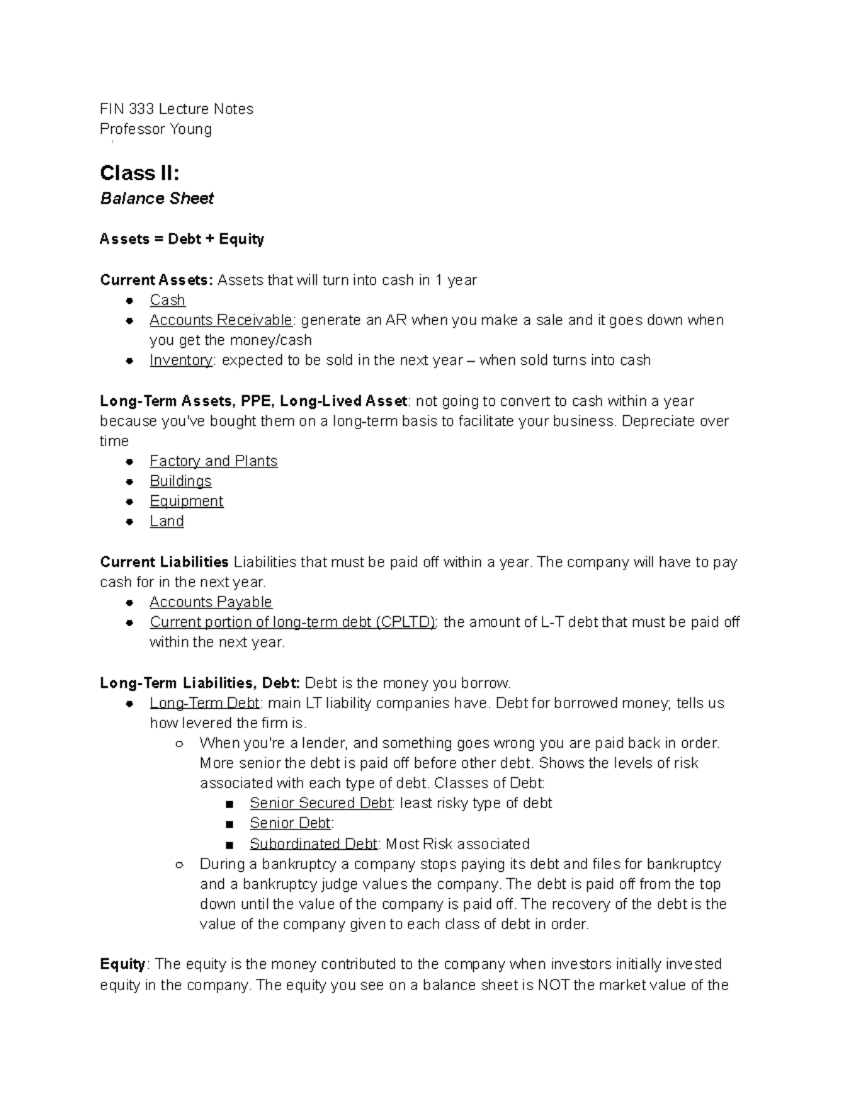 FIN333 Class I - Professor Young at DePaul University Lecture Notes for ...