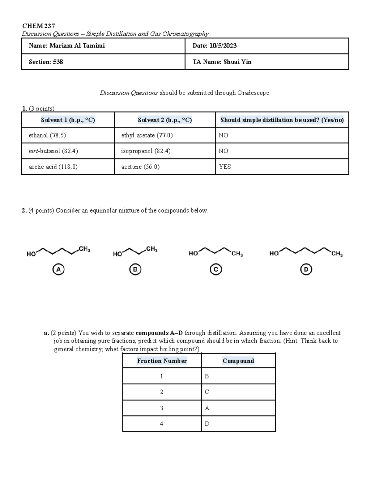 Simple distillation gc discussion questions v2 CHEM 237
