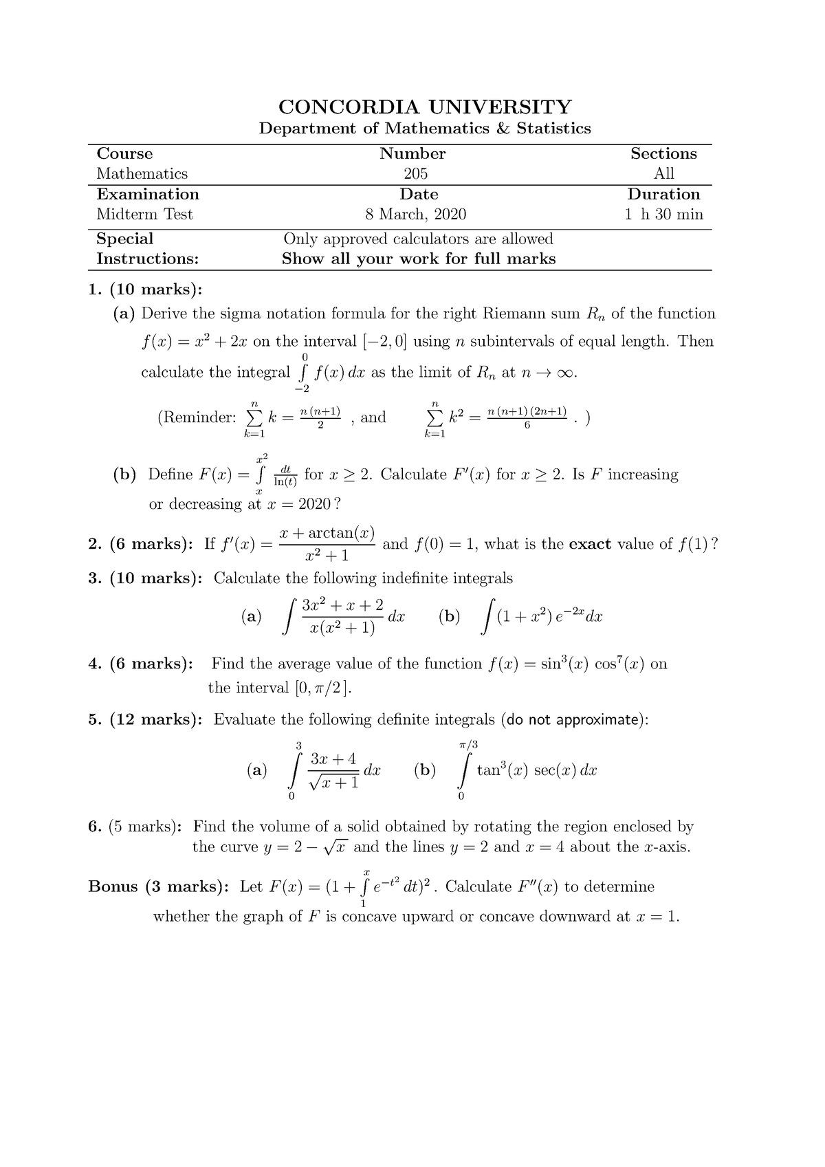 221019 Math205-Midterm-Winter 20 - CONCORDIA UNIVERSITY Department Of ...