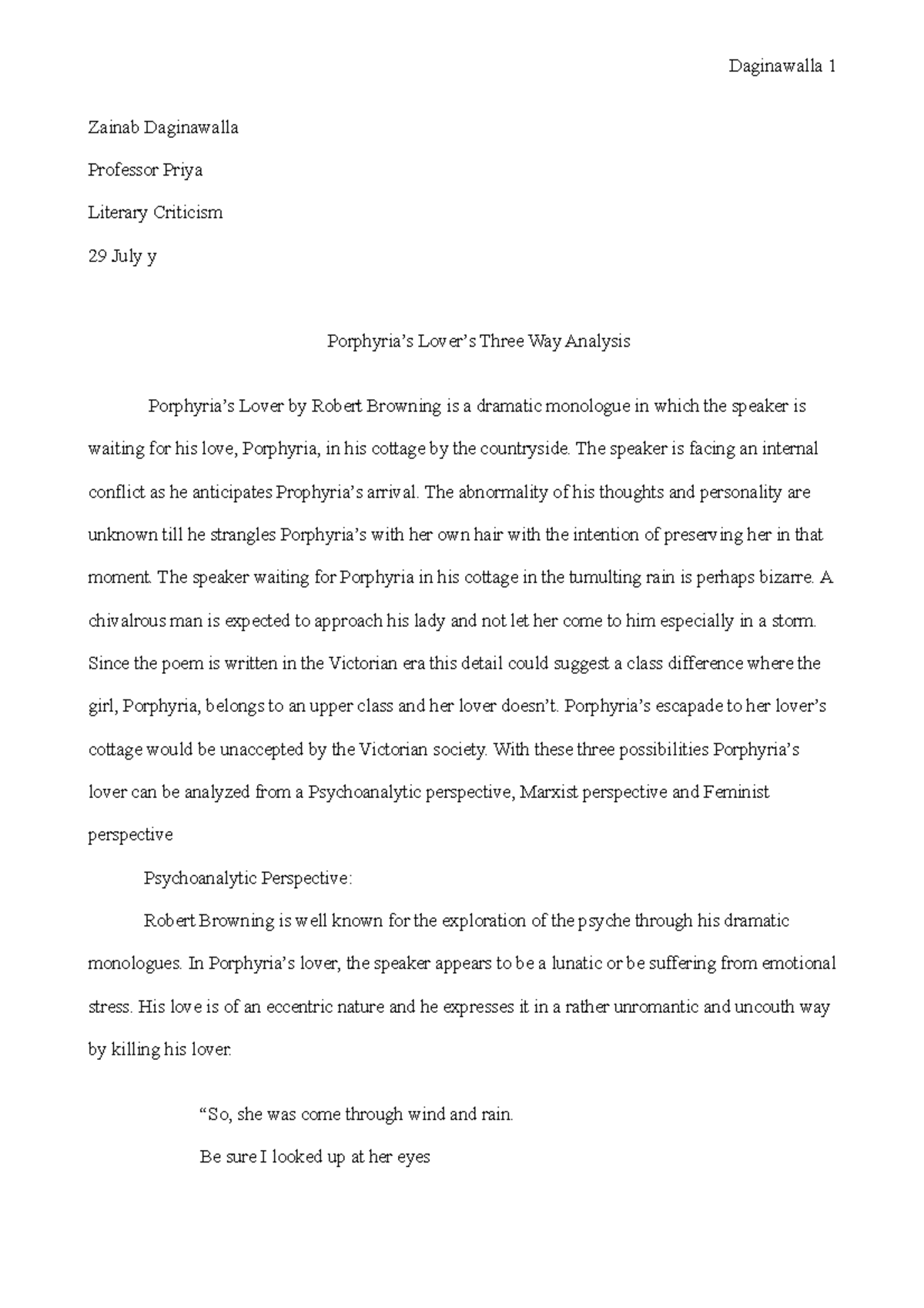 Analysing Porphyrias Lover Zainab Daginawalla Professor Priya