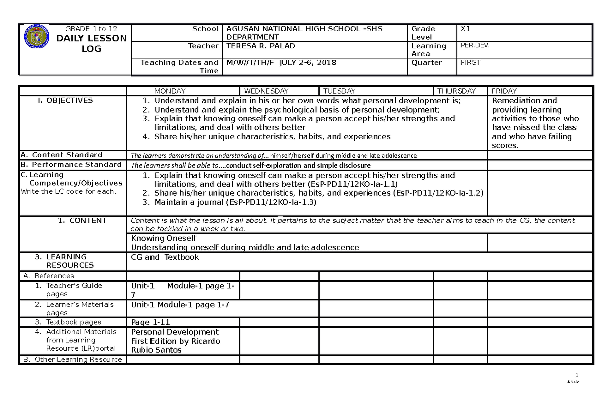 Dll 1 Personal Development - GRADE 1 to 12 DAILY LESSON LOG School ...