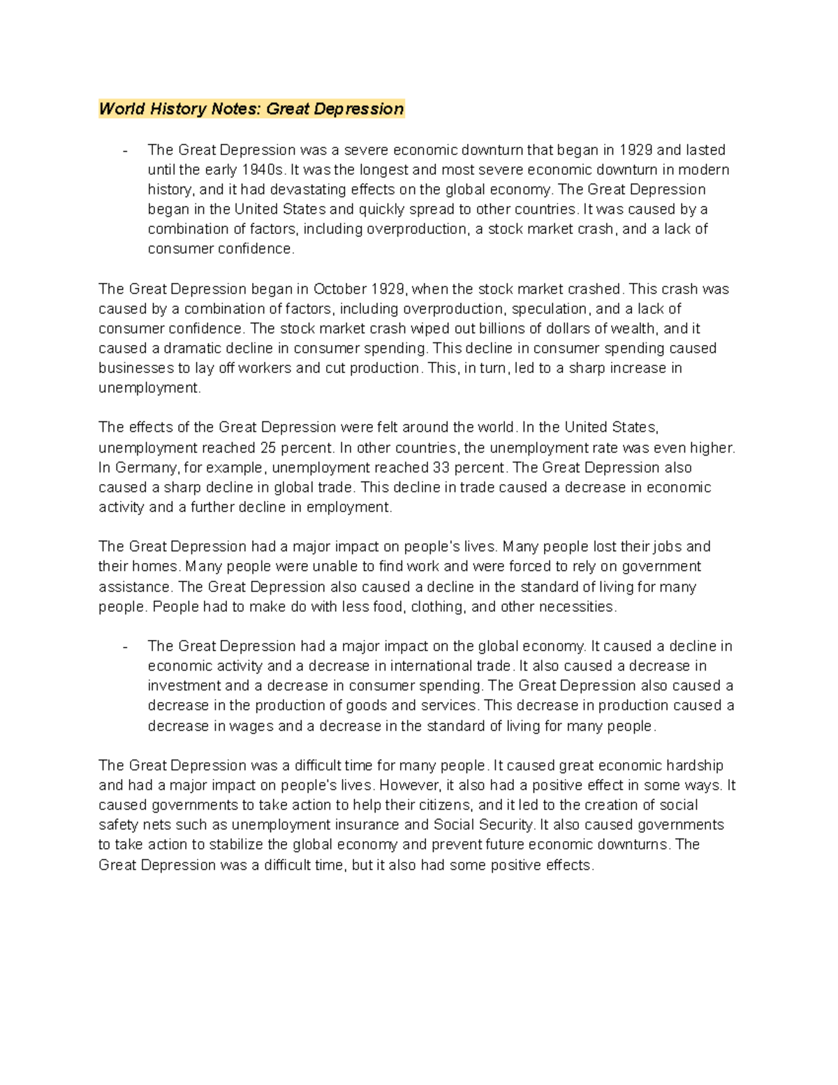 History Notes - It was the longest and most severe economic downturn in ...