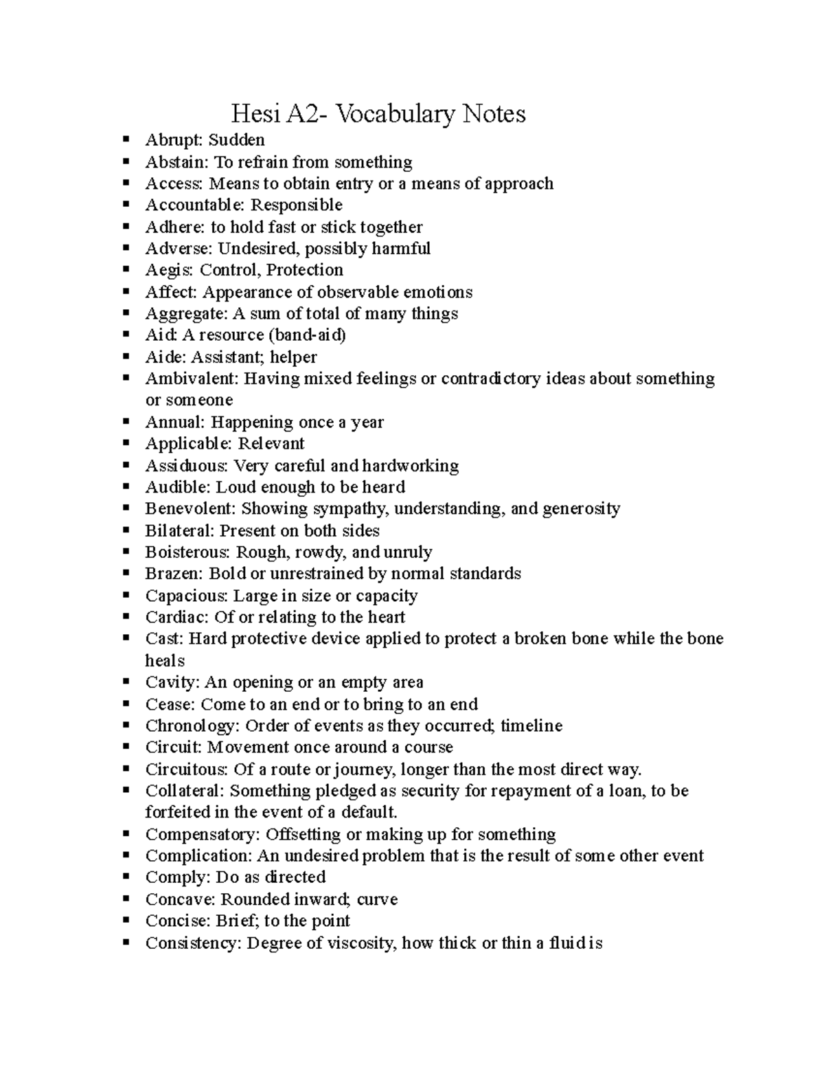 Hesi A2- Vocab Notes - Entrance exam study guide - Hesi A2- Vocabulary ...