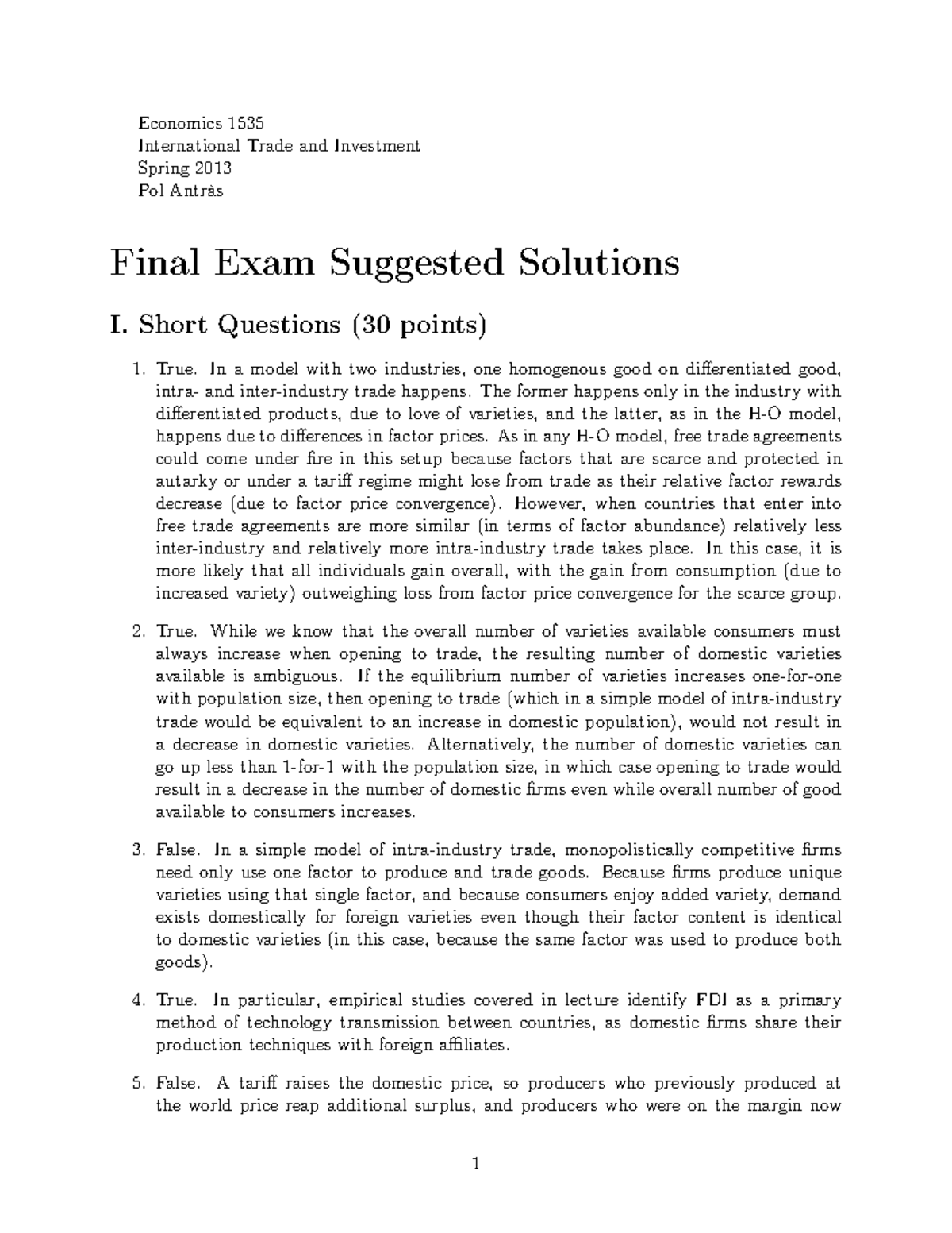 Final Exam 5 May 2013, answers - Economics 1535 International Trade and ...