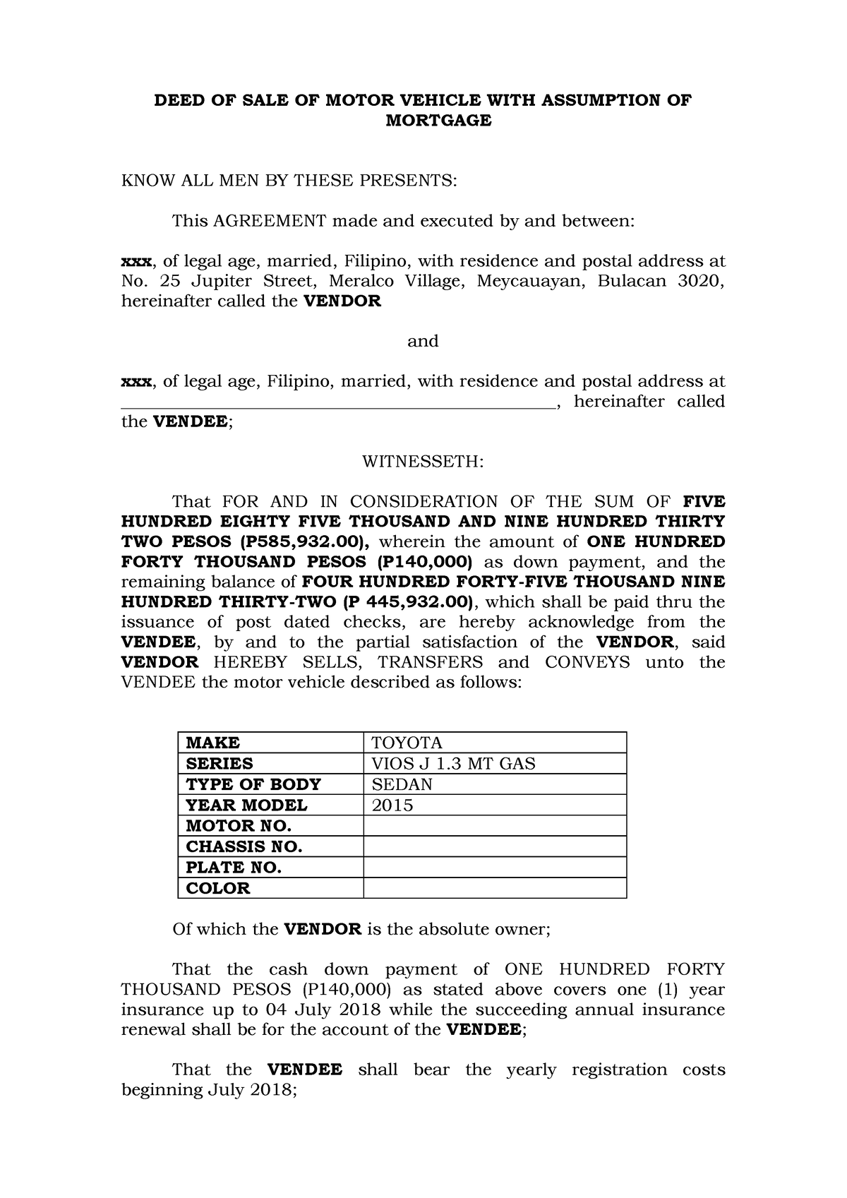Deed Of Sale Of Motor Vehicle With Assumption Of Mortgage Deed Of