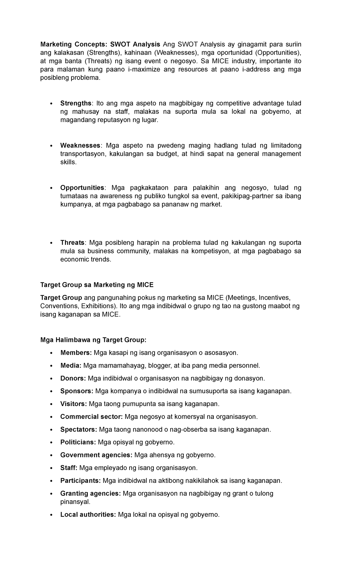 Marketing Concepts Notes - Marketing Concepts: SWOT Analysis Ang SWOT ...