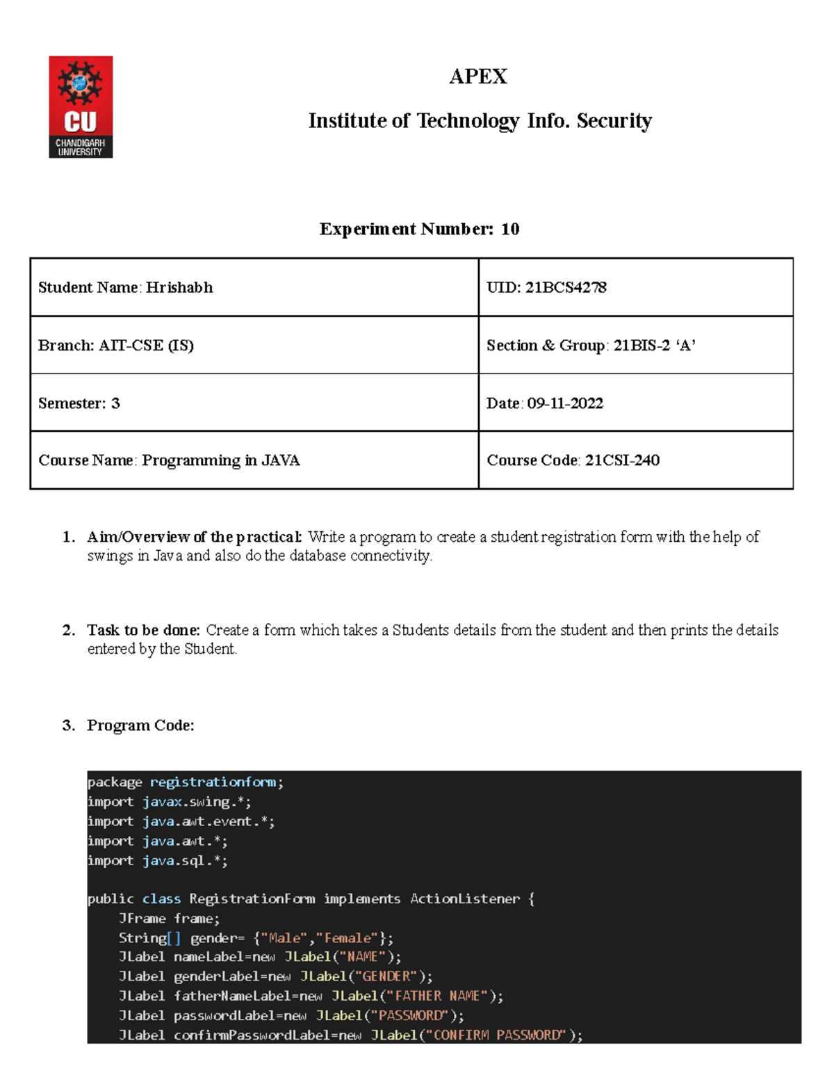 JAVA 10 - Institute of Technology Info. Security Experiment Number: 10 ...