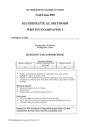 Maths Methods Unit 2 Practice Exam 1 solutions - - Studocu