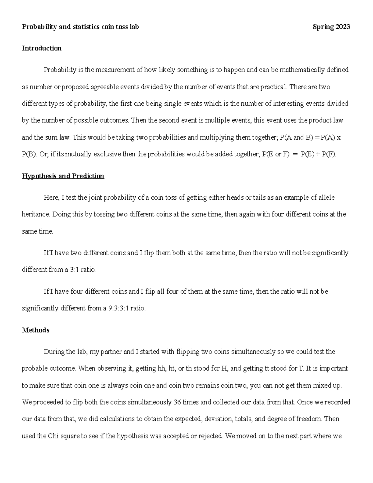 Coin toss lab report Probability and statistics coin toss lab