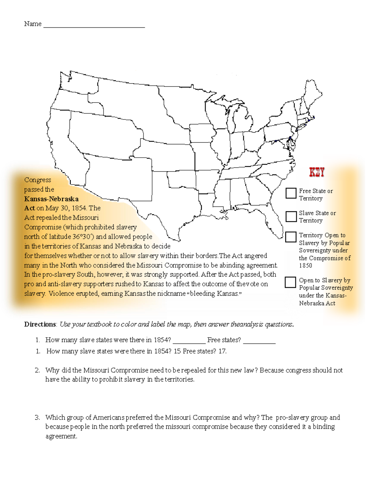 Kansas Nebraska Act Map Analysis Students How Many Slave States Were 