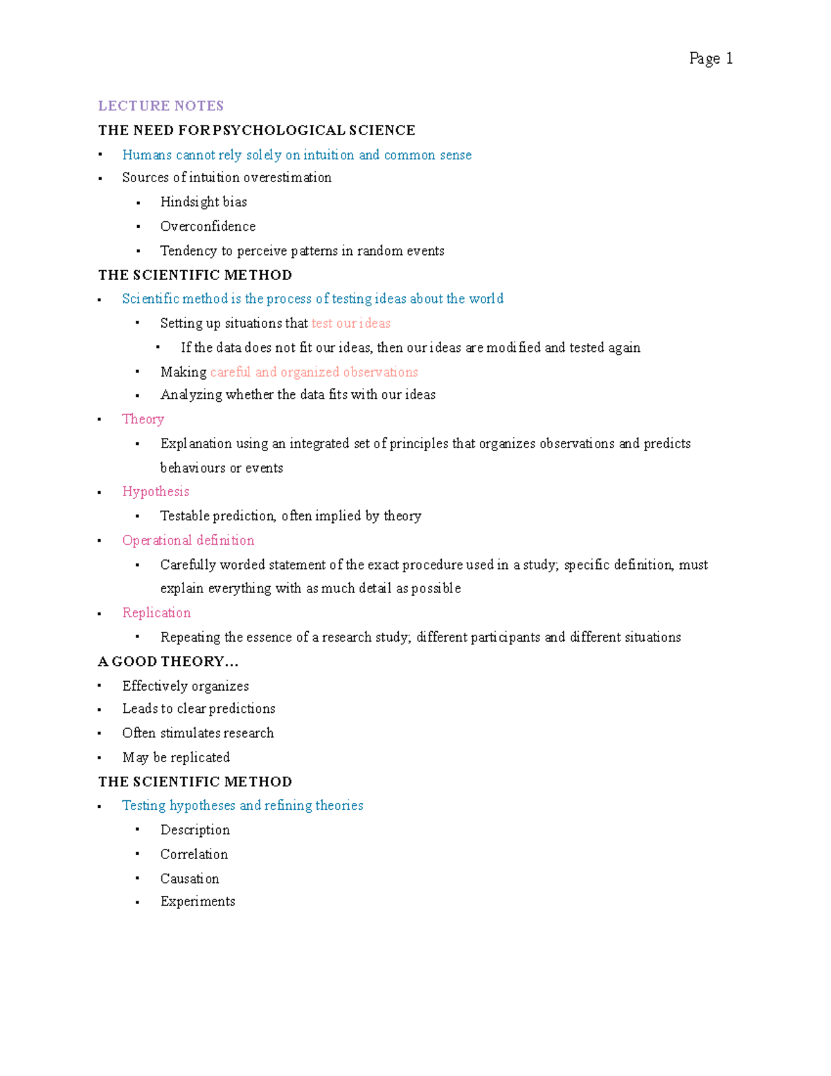 Week 1 notes - LECTURE NOTES THE NEED FOR PSYCHOLOGICAL SCIENCE ...