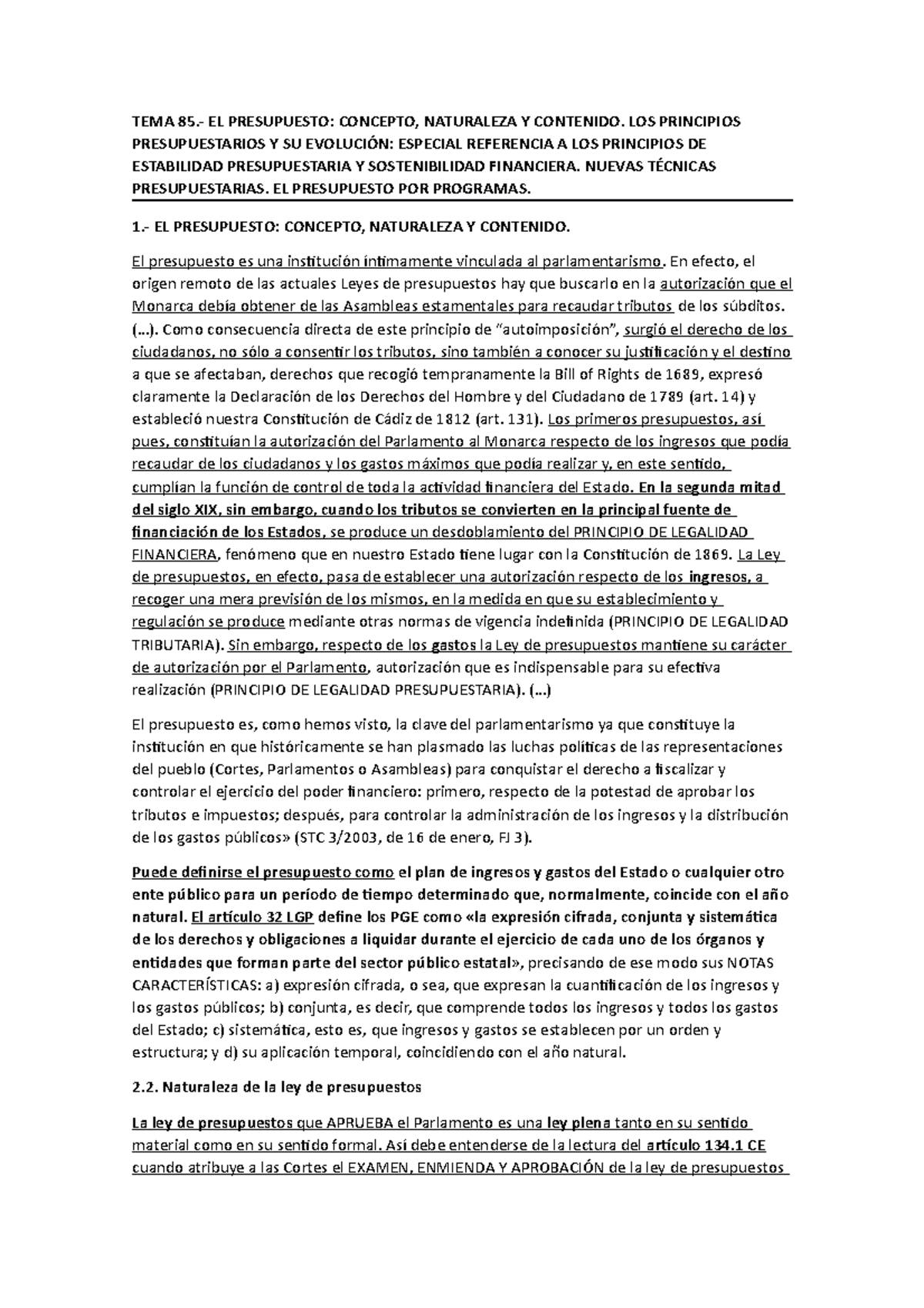 85 TEMA - Apuntes 1 - TEMA 85.- EL PRESUPUESTO: CONCEPTO, NATURALEZA Y ...