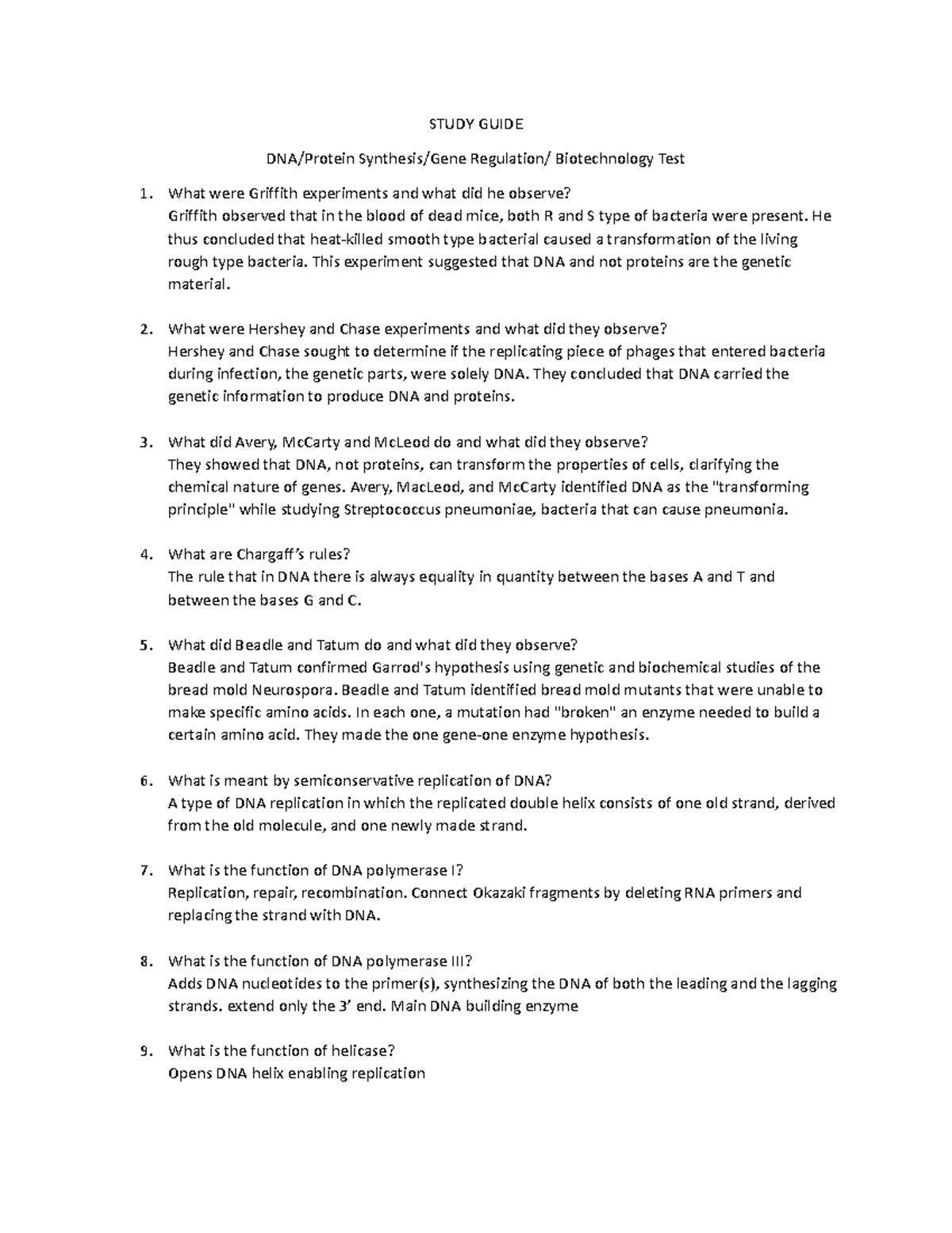 DNA & protein synthesis Study guide STUDY GUIDE DNA/Protein Synthesis/Gene Regulation/ Studocu