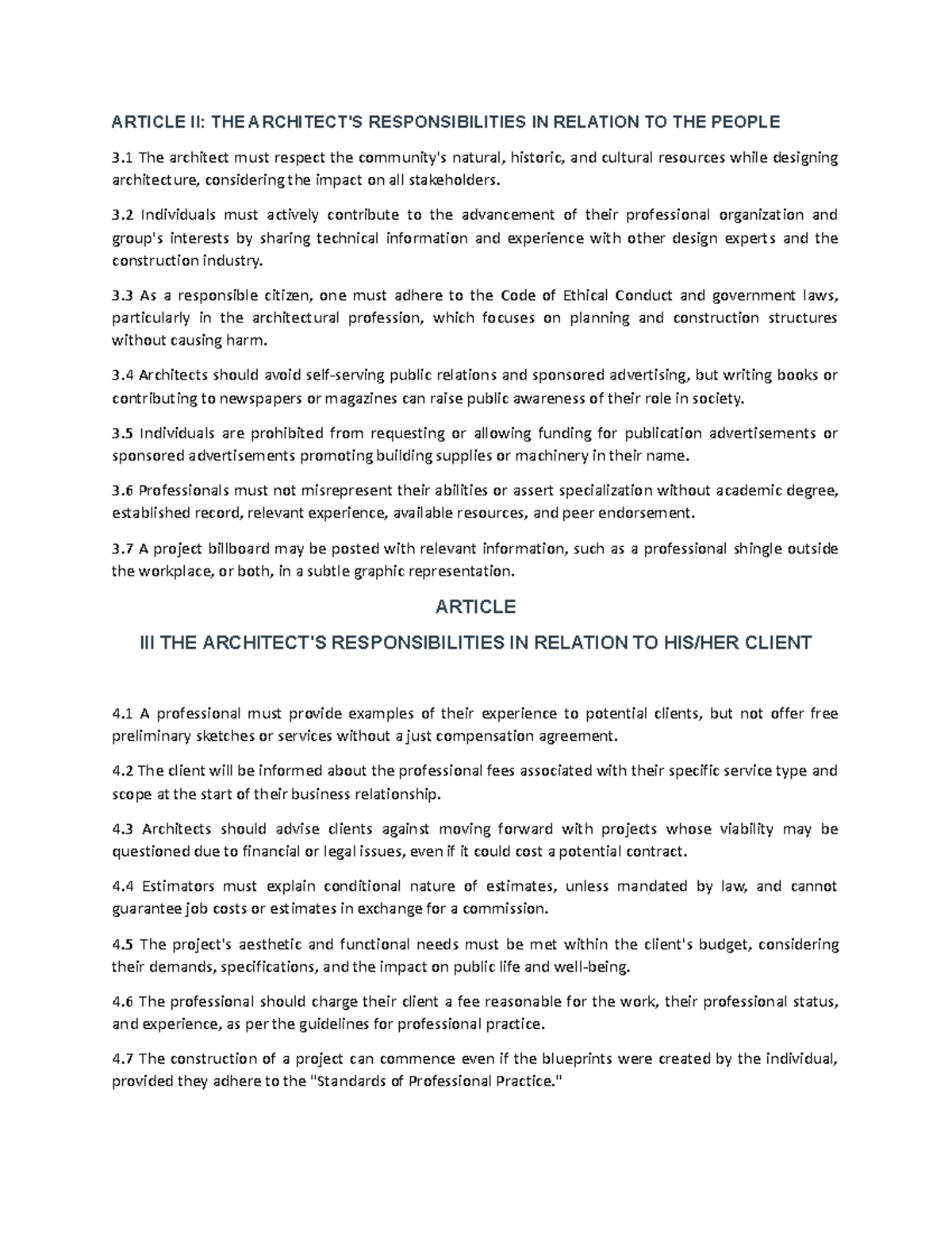 Article II ewsaeaw ARTICLE II THE ARCHITECT'S RESPONSIBILITIES IN RELATION TO THE PEOPLE 3