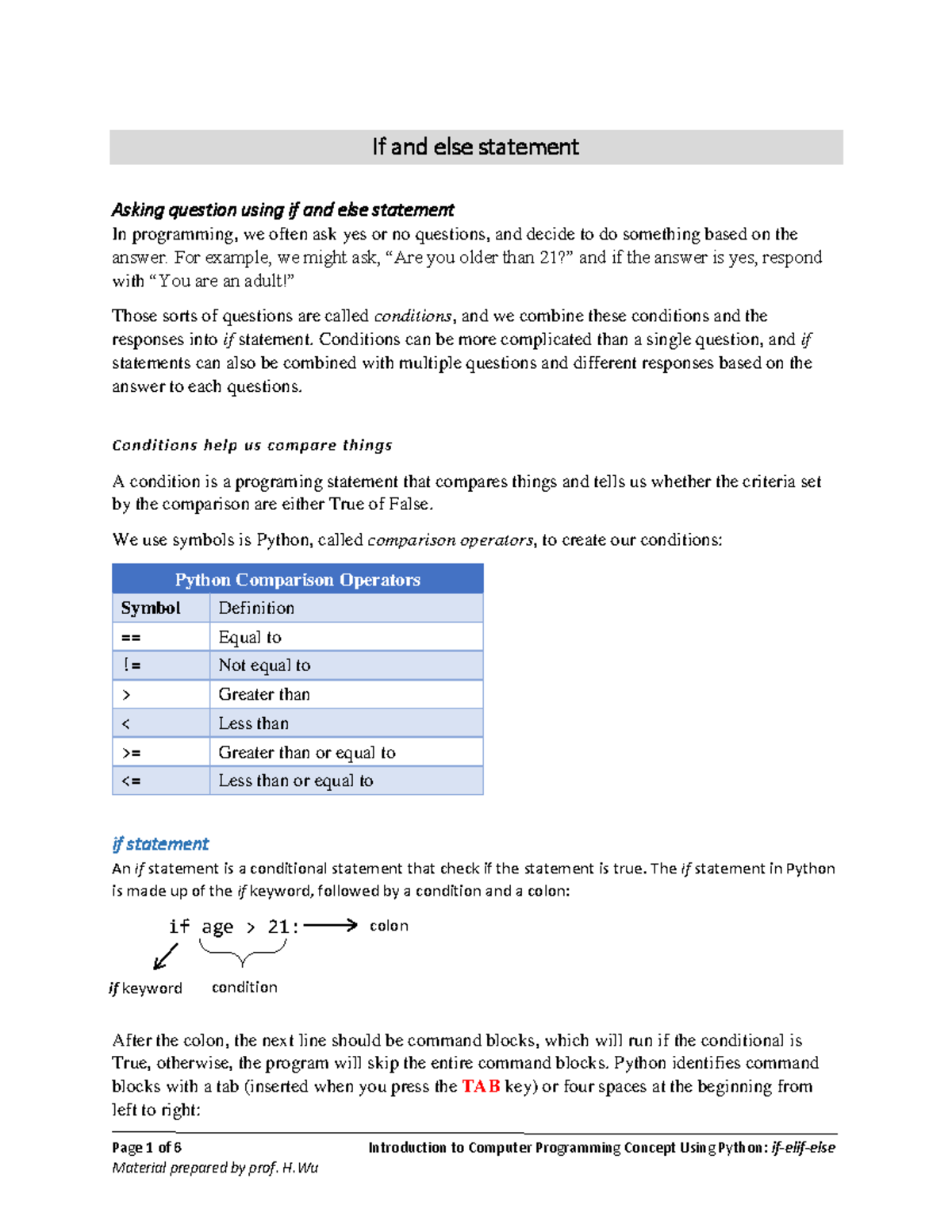 Session 5 -If and else statement - Page 1 of 6 Introduction to Computer ...