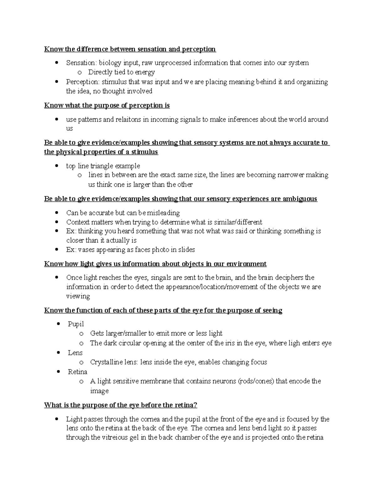Final exam study guide - Know the difference between sensation and ...