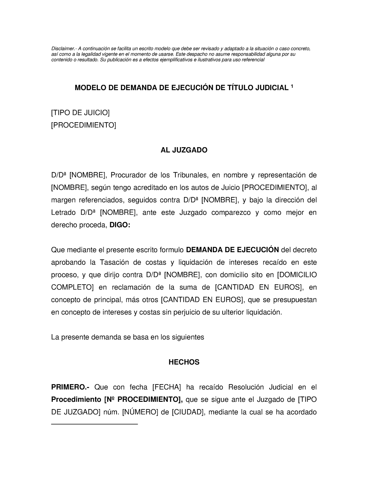 Modelo De Demanda De Ejecucion De Titulo Judicial Auto Tasacion De Costas Disclaimer A 3588