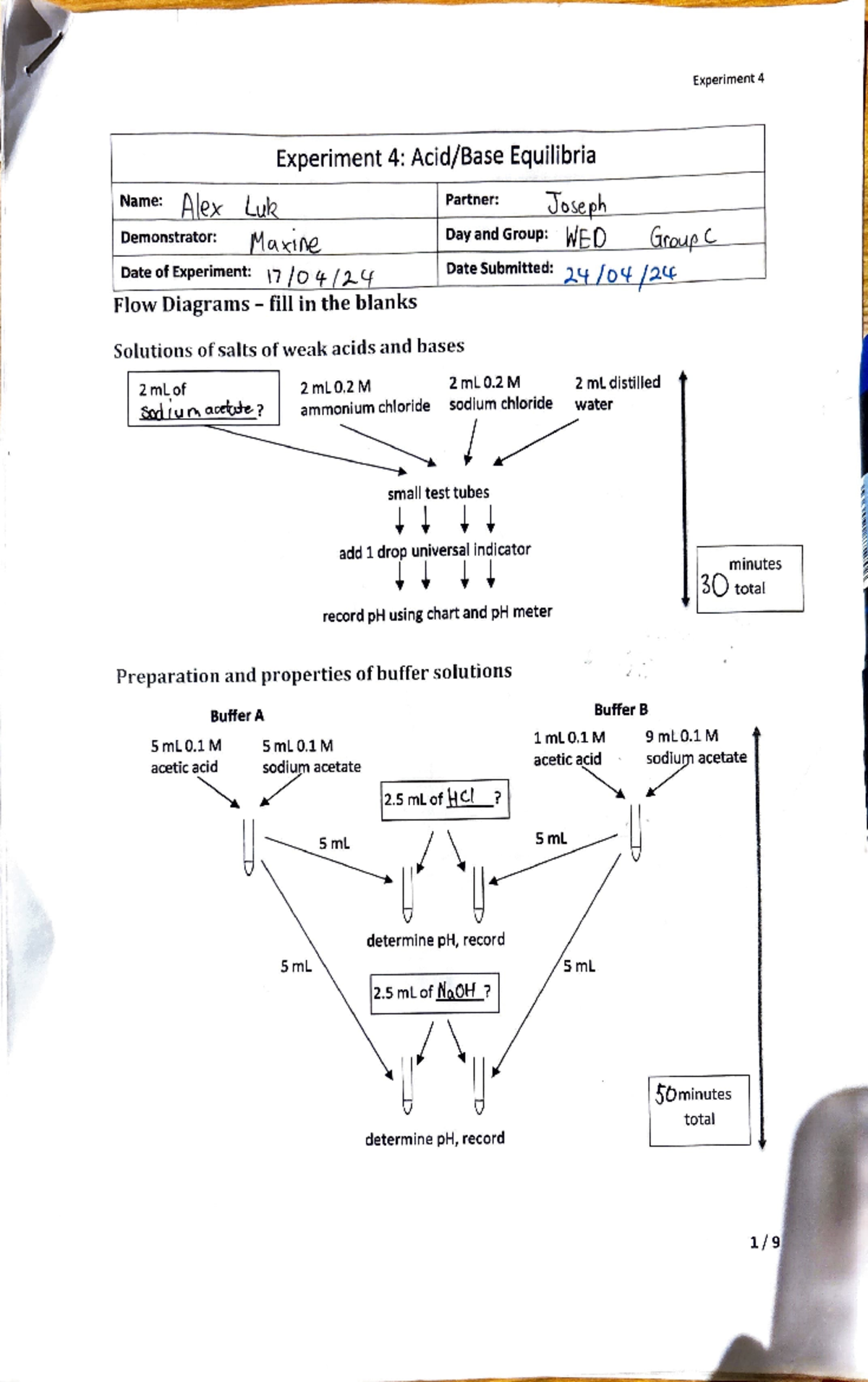 Lab Report 4 Experiment 4 Experiment4Acid/BaseEquilibria Name