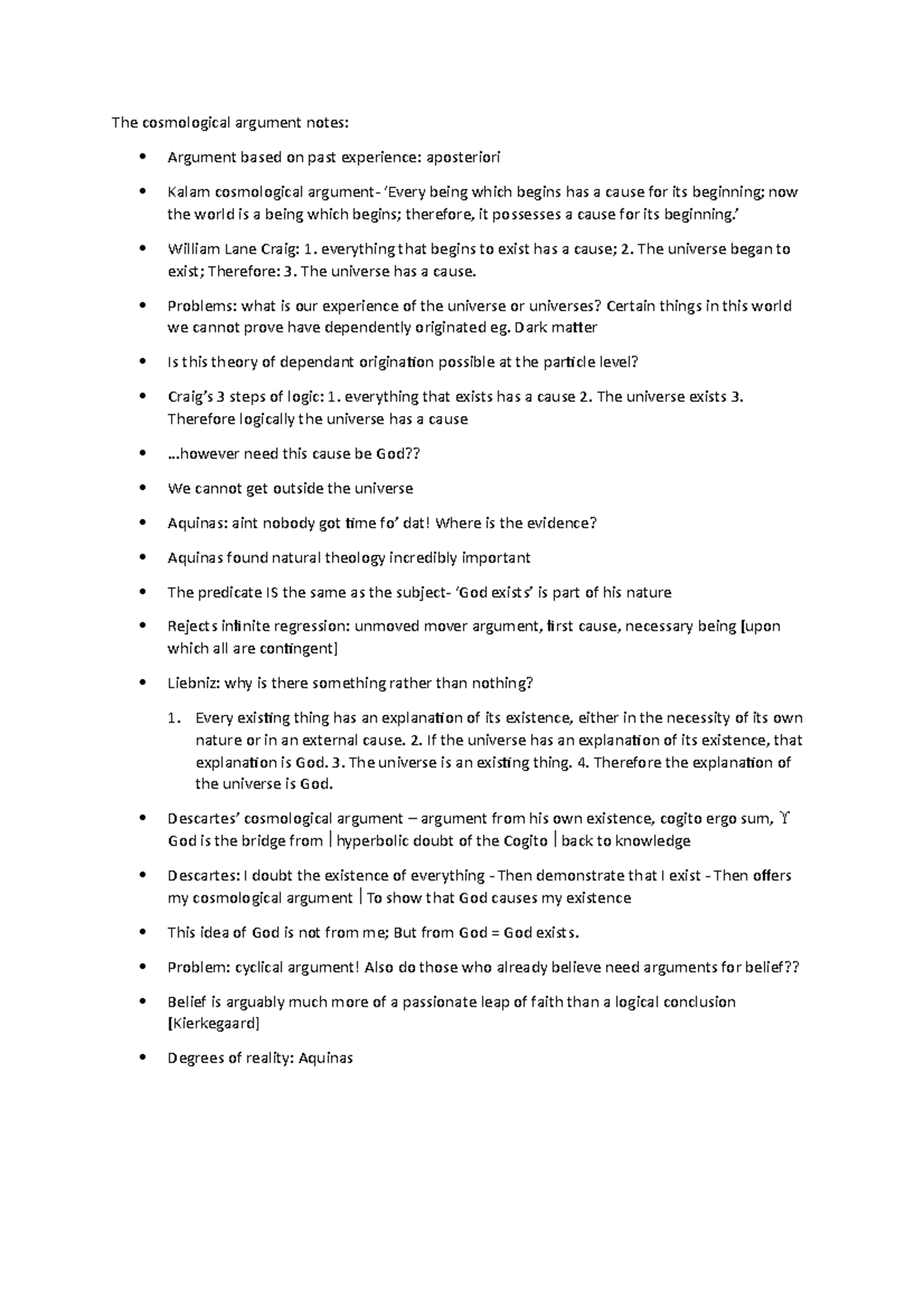 Cosmological argument notes - everything that begins to exist has a 2 ...