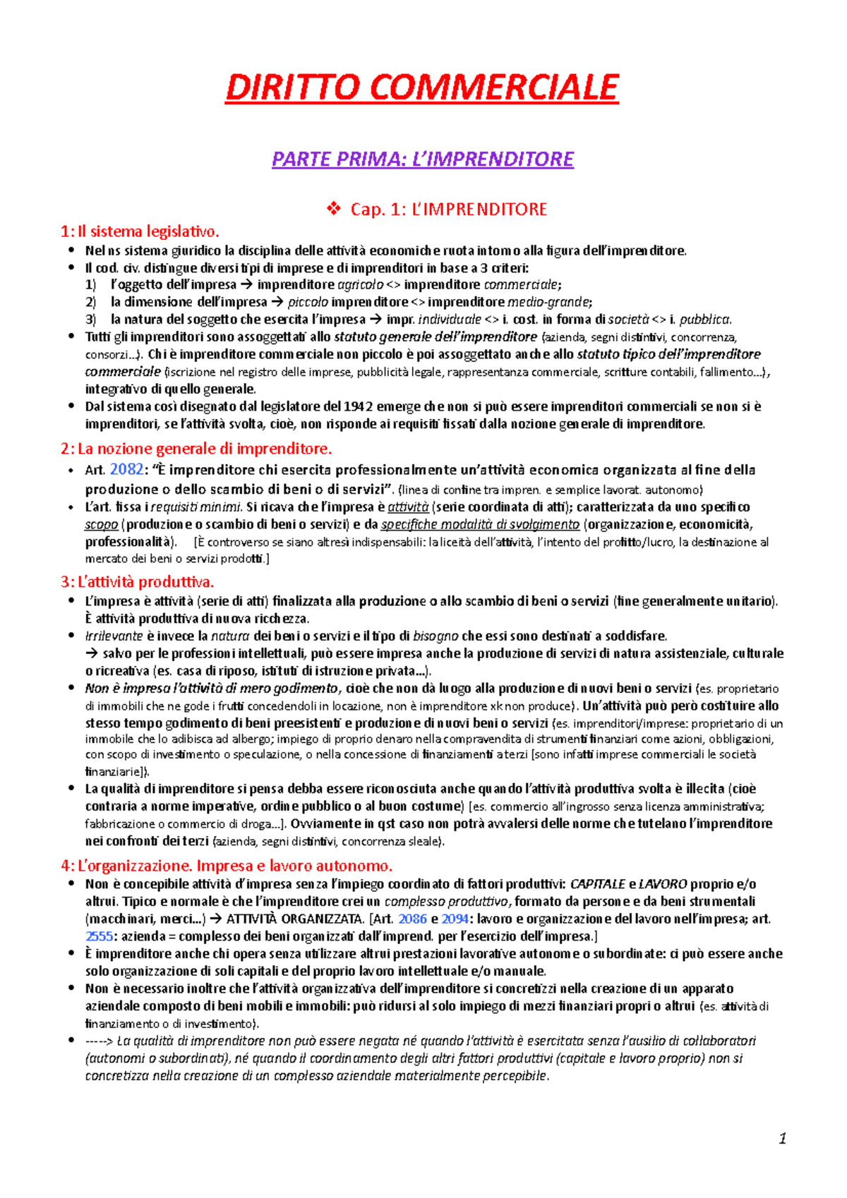 Schema Diritto Commerciale - DIRITTO COMMERCIALE PARTE PRIMA: Cap. 1: 1 ...