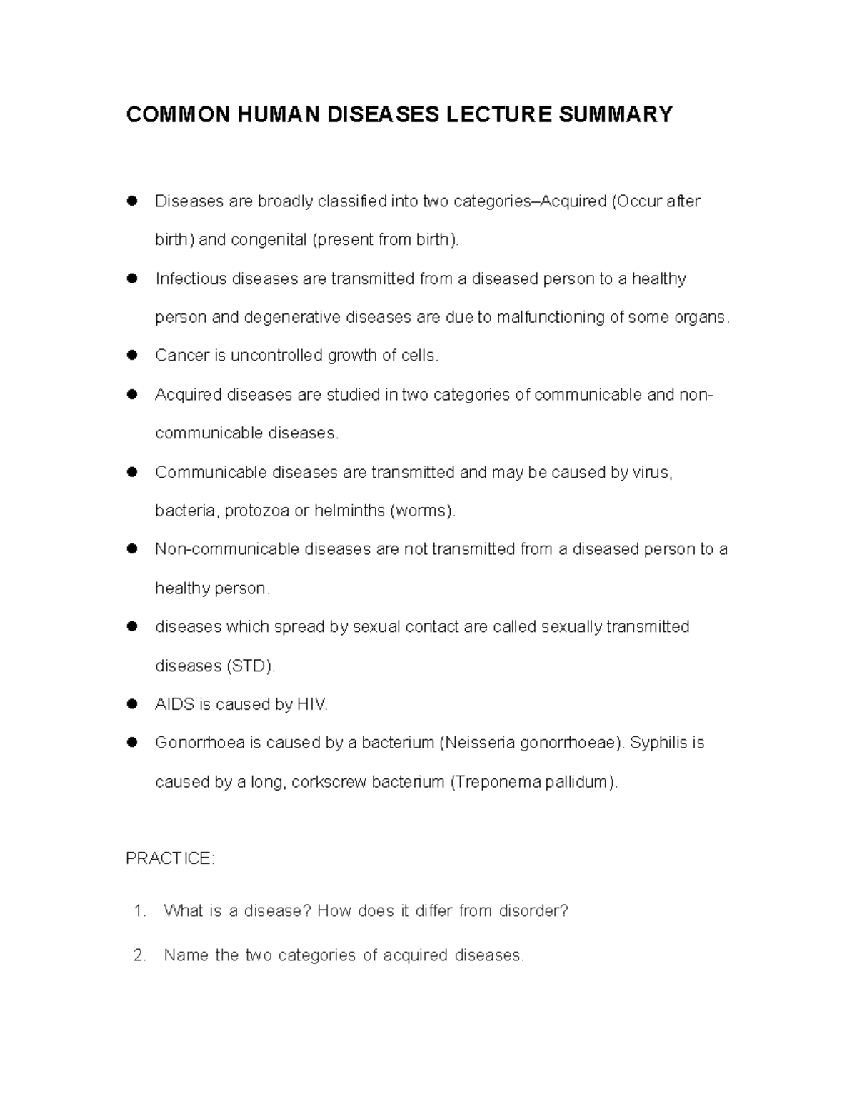 Common Human Diseases Lecture Summary - COMMON HUMAN DISEASES LECTURE ...