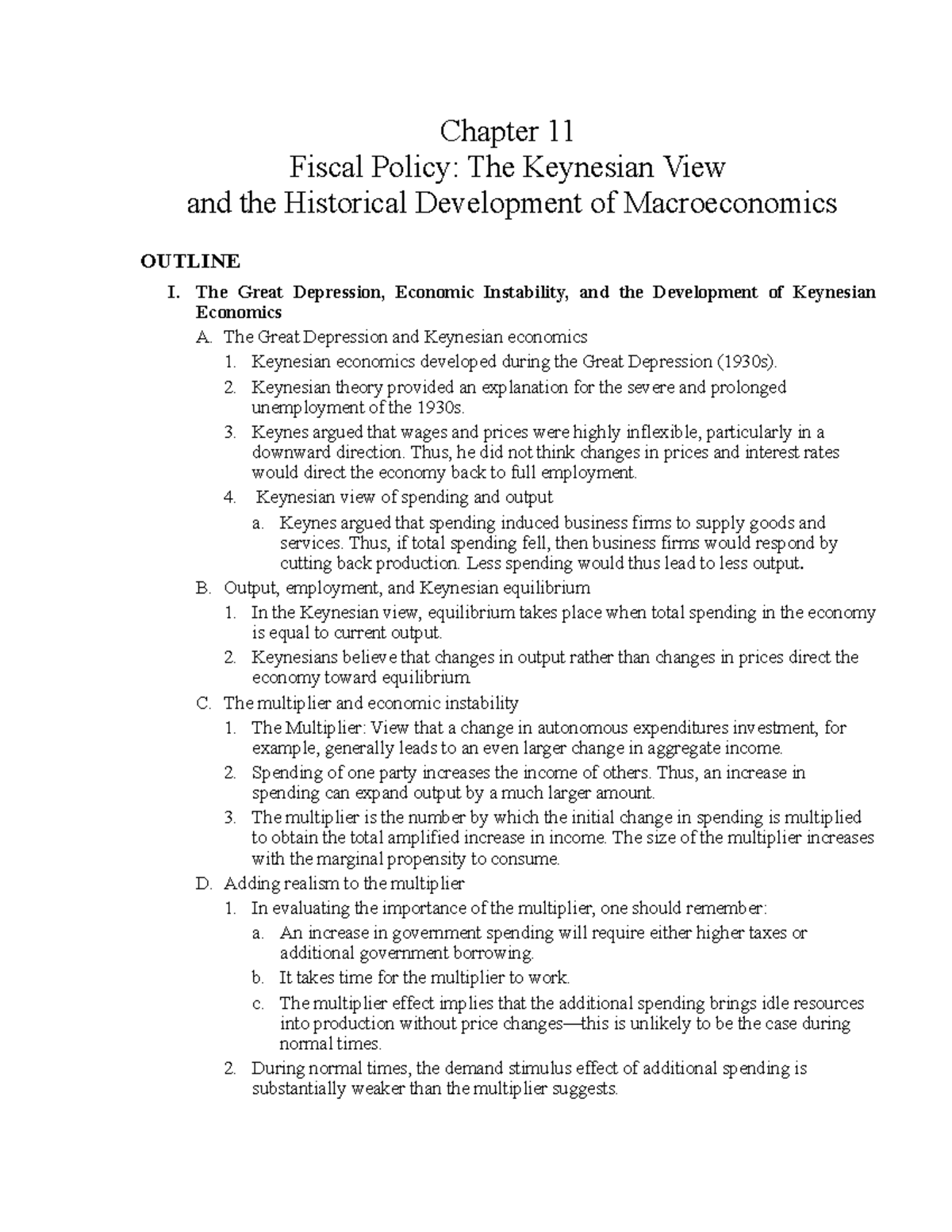 Chapter 11 Class Outline - Chapter 11 Fiscal Policy: The Keynesian View ...