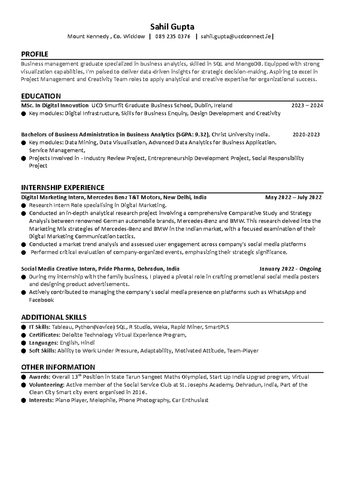 Smurfit CV Template - Sahil Gupta Mount Kennedy , Co. Wicklow | 089 235 ...