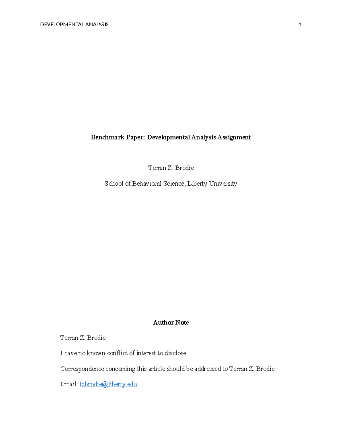 Terran Brodie - Developmental Analysis - Benchmark Paper: Developmental ...