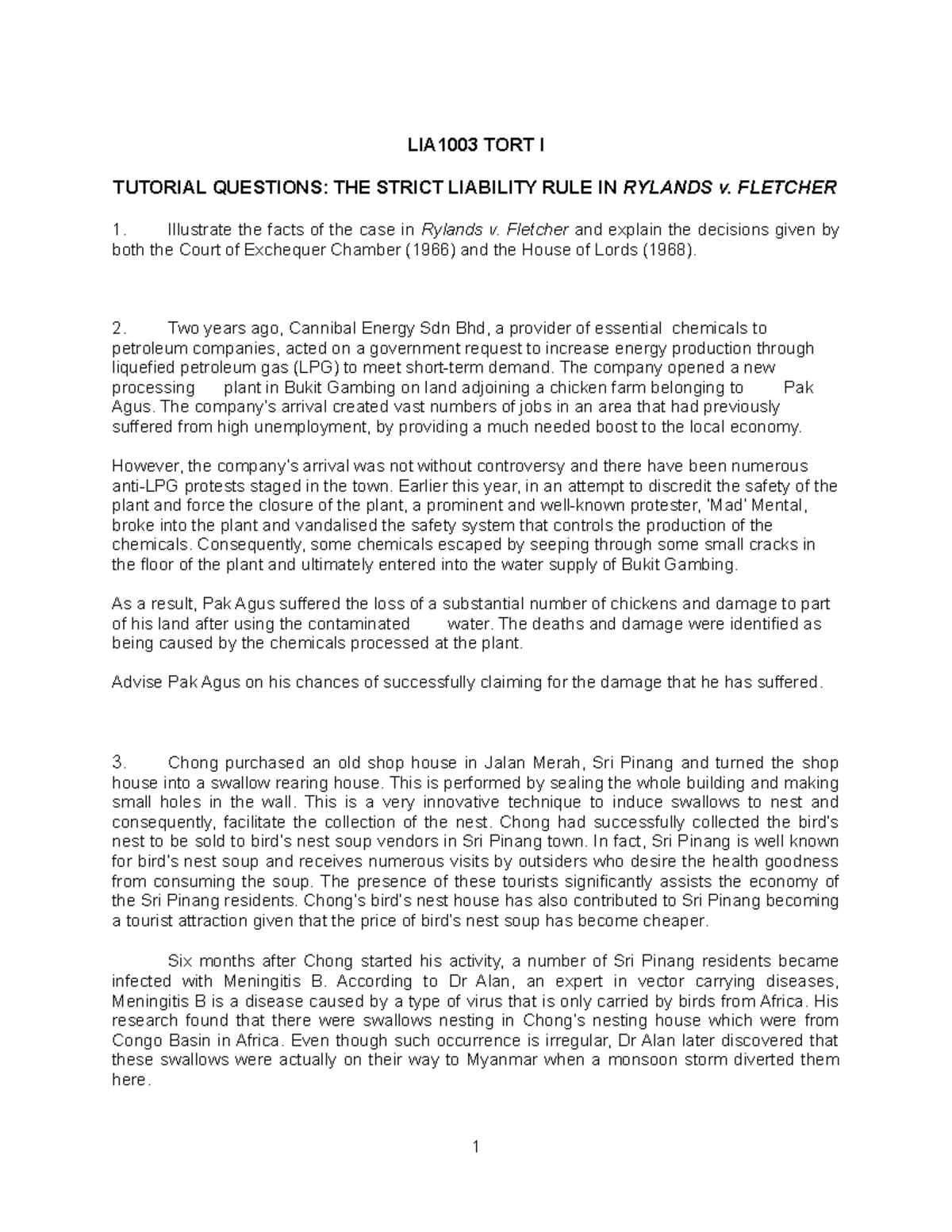 Tutorial Rylands v Fletcher - LIA1003 TORT I TUTORIAL QUESTIONS: THE ...