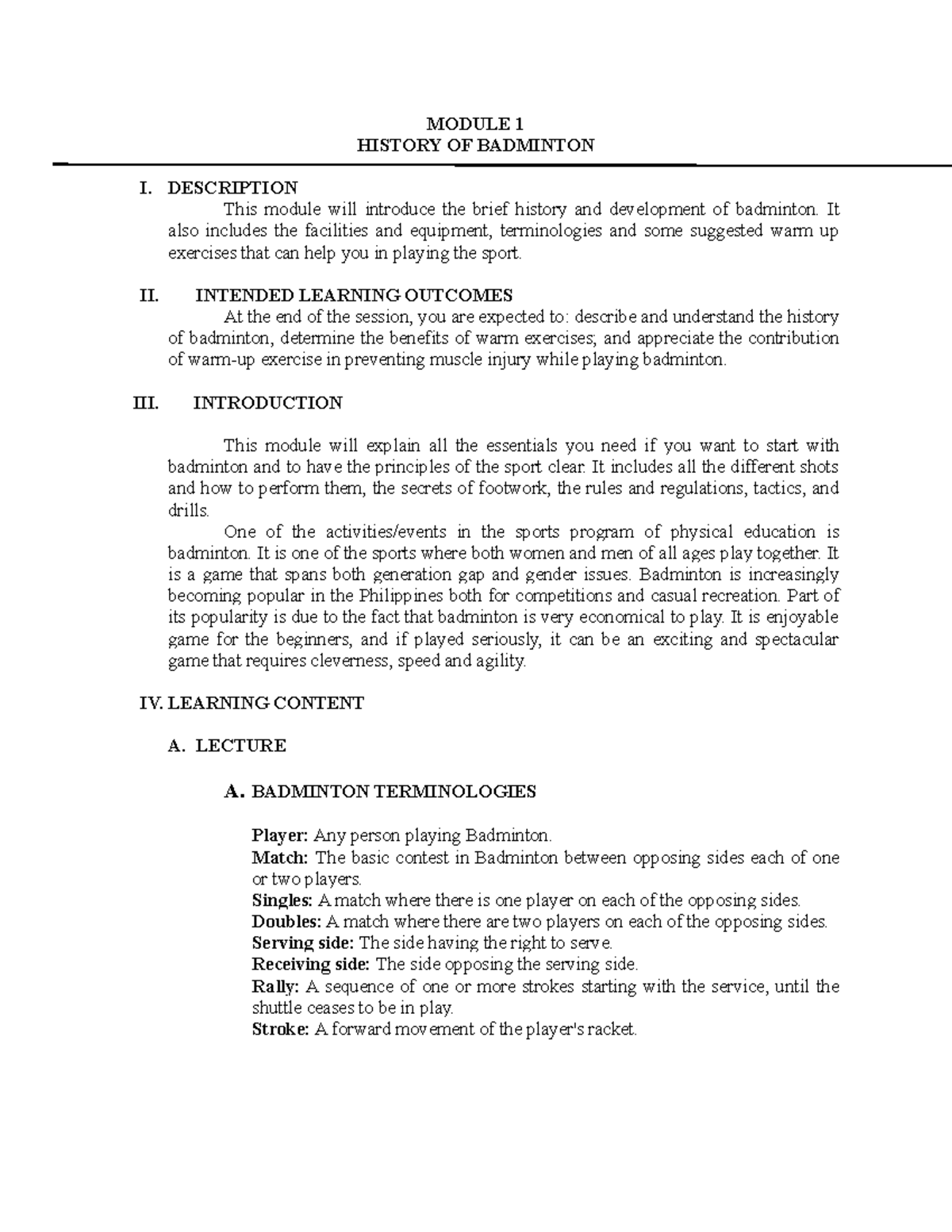 Module 1.2 Badminton - Lecture notes 1.2 - MODULE 1 HISTORY OF ...